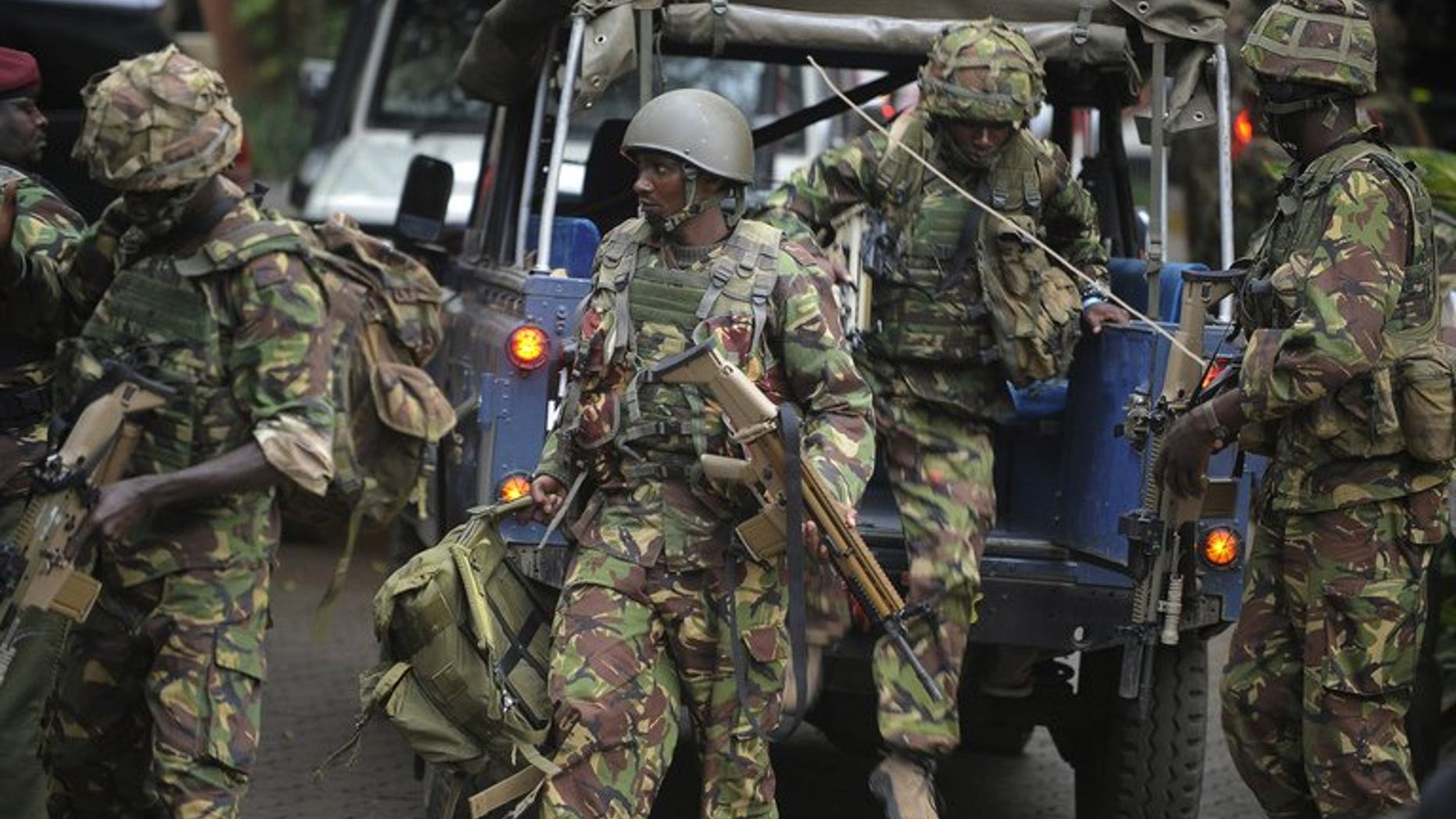 Soldiers from a special unit arrive outside the Westgate shopping mall in Nairobi, Kenya, on September 21, 2013 where an attack by gunmen left at least 39 people dead, including two Canadians, and 150 wounded