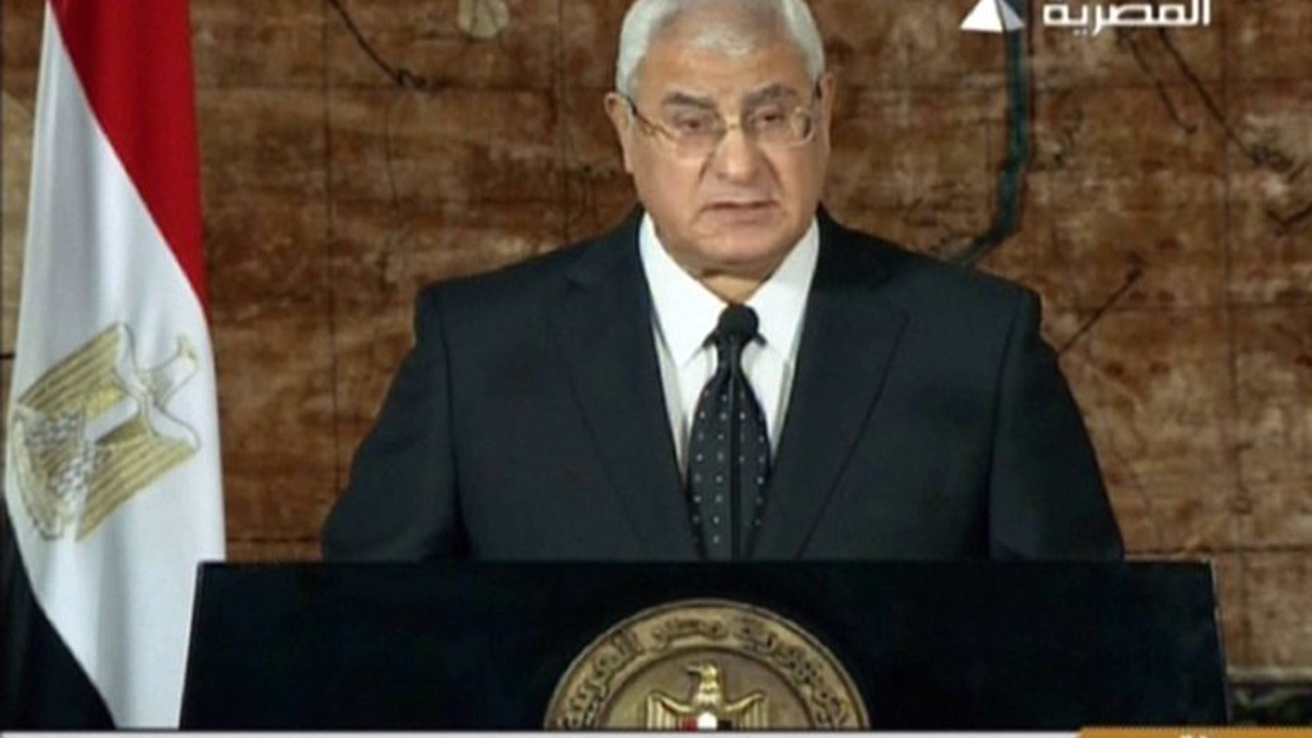 An image grab taken from Egyptian state TV shows interim president Adly Mansour delivering a televised address to the nation from Cairo, on July 18, 2013. A new Egyptian constitution replacing the one suspended on president Mohamed Morsi's ouster will be put to a referendum by November's end, according to a spokesman for the panel drafting the charter.