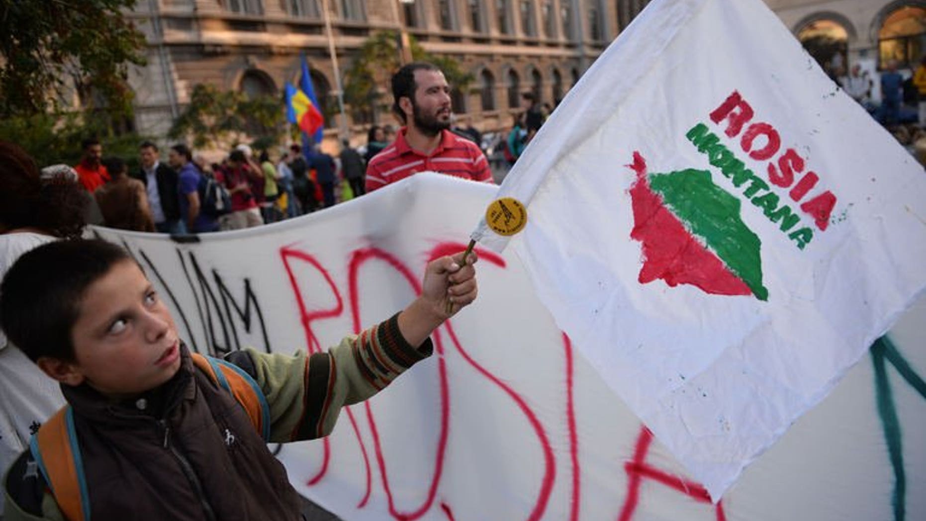 A child waves a flag with the logo of "Save Rosia Montana" NGO during the 22nd day of demonstrations in Bucharest against the Rosia Montana Gold Corporation (RMGC), a Canadian gold mine project using cyanide, on September 22, 2013.