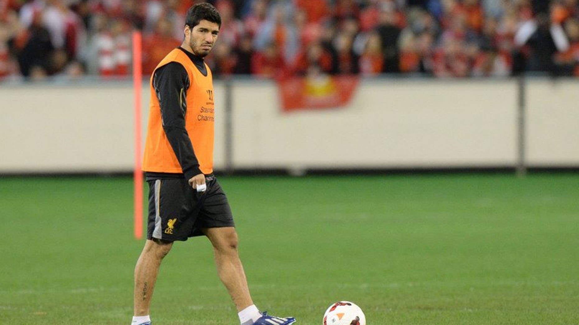 Liverpool forward Luis Suarez attends a football training session in Melbourne on July 23, 2013.
