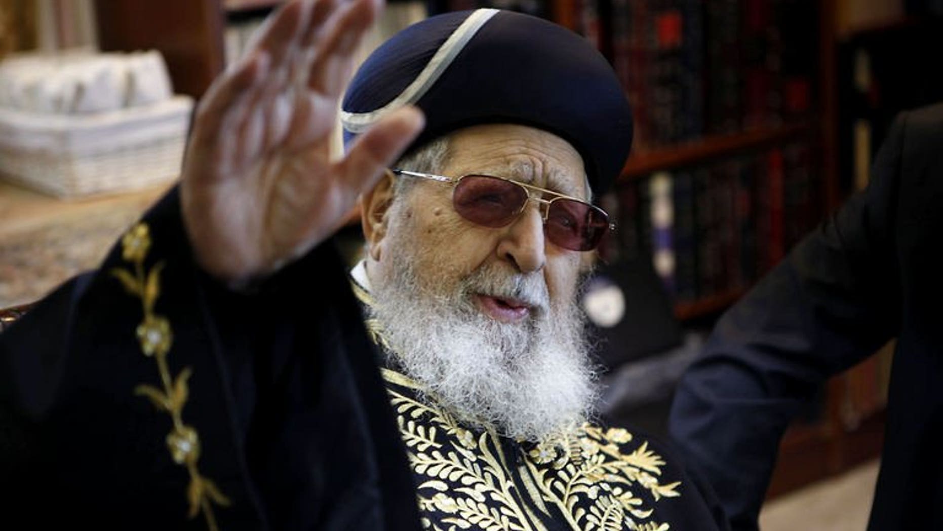 A file picture dated December 11, 2011 shows rabbi Ovadia Yosef, the spiritual leader of the Israeli ultra-Orthodox Shas party, during a meeting in Jerusalem.