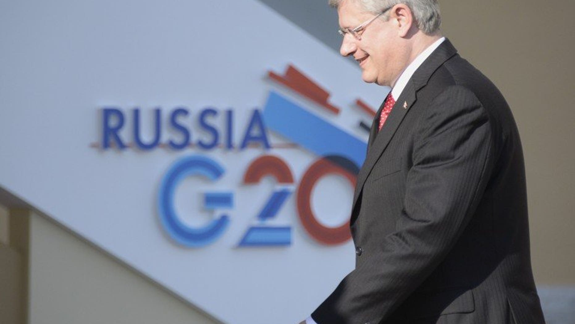 Canada???s Prime Minister Stephen Harper arrives for the start of the G20 summit on September 5, 2013 in Saint Petersburg.