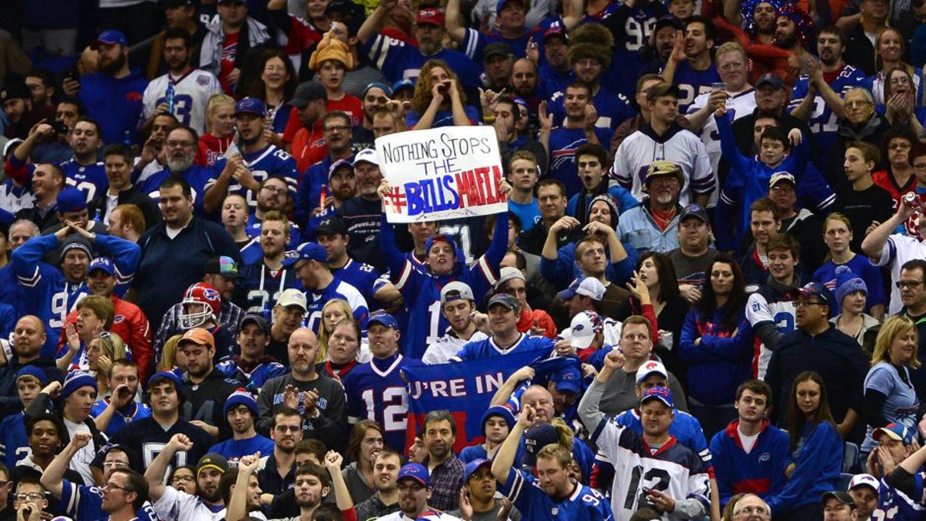 Nov 24, 2014; Detroit, MI, USA; Buffalo Bills fans cheer in the stands after a touchdown during the third quarter against the New York Jets at Ford Field. Mandatory Credit: Andrew Weber-USA TODAY Sports