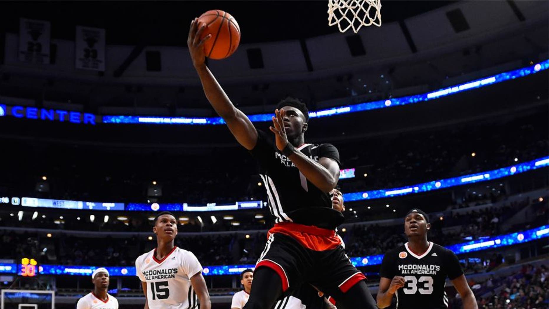 Apr 1, 2015; Chicago, IL, USA; McDonald's All American East forward Jaylen Brown (1) shoots the ball against the McDonald's All American West during the first half at the United Center. Mandatory Credit: Mike DiNovo-USA TODAY Sports