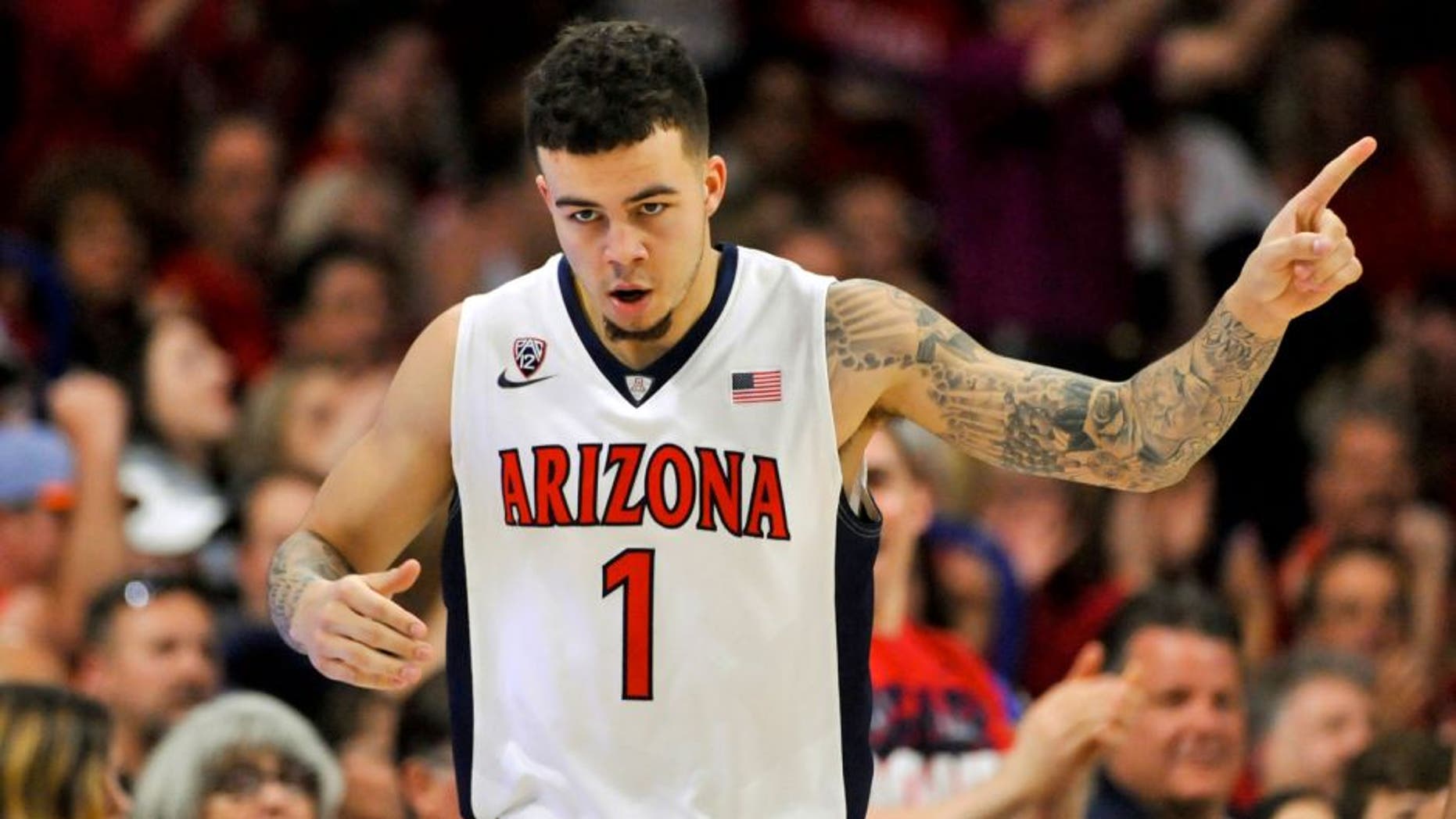 Feb 14, 2016; Tucson, AZ, USA; Arizona Wildcats guard Gabe York (1) celebrates after scoring against the Southern California Trojans during the first half at McKale Center. Mandatory Credit: Casey Sapio-USA TODAY Sports