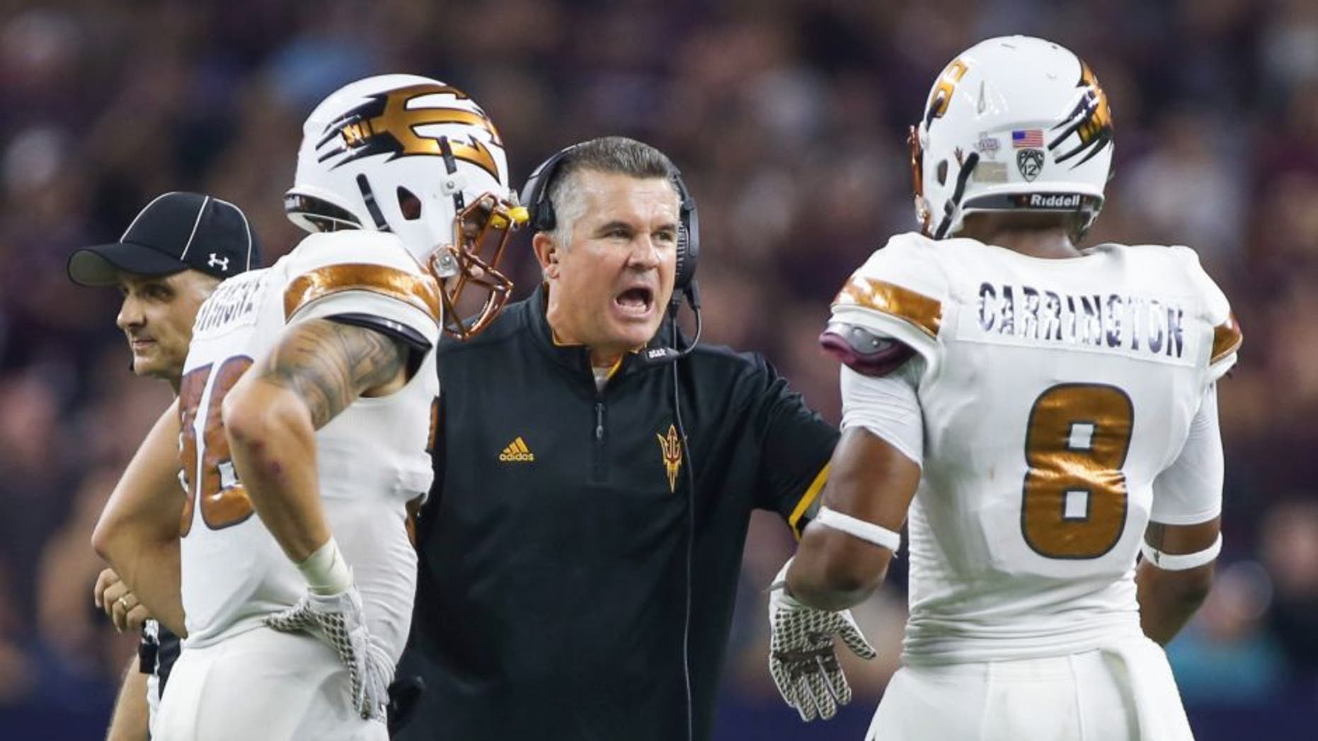 Sep 5, 2015; Houston, TX, USA; Arizona State Sun Devils head coach Todd Graham talks with players during the game against the Texas A&M Aggies at NRG Stadium. Mandatory Credit: Troy Taormina-USA TODAY Sports