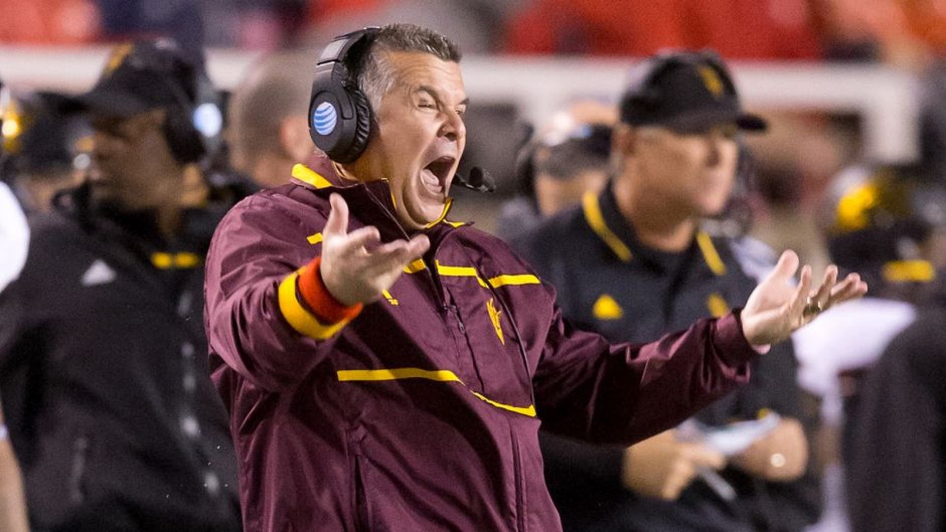 Oct 17, 2015; Salt Lake City, UT, USA; Arizona State Sun Devils head coach Todd Graham reacts during the second half against the Utah Utes at Rice-Eccles Stadium. Utah won 34-18. Mandatory Credit: Russ Isabella-USA TODAY Sports