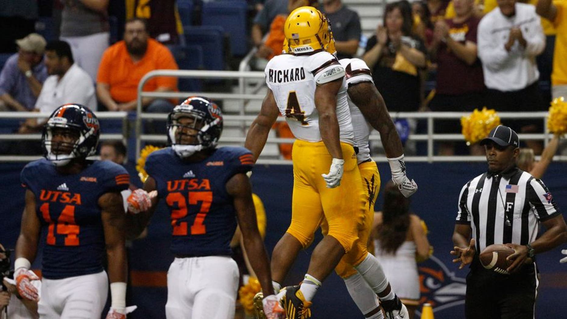Sep 16, 2016; San Antonio, TX, USA; Arizona State Sun Devils wide receiver N'Keal Harry (right) celebrates with teammates after scoring a touchdown against the UTSA Roadrunners at Alamodome. Mandatory Credit: Soobum Im-USA TODAY Sports