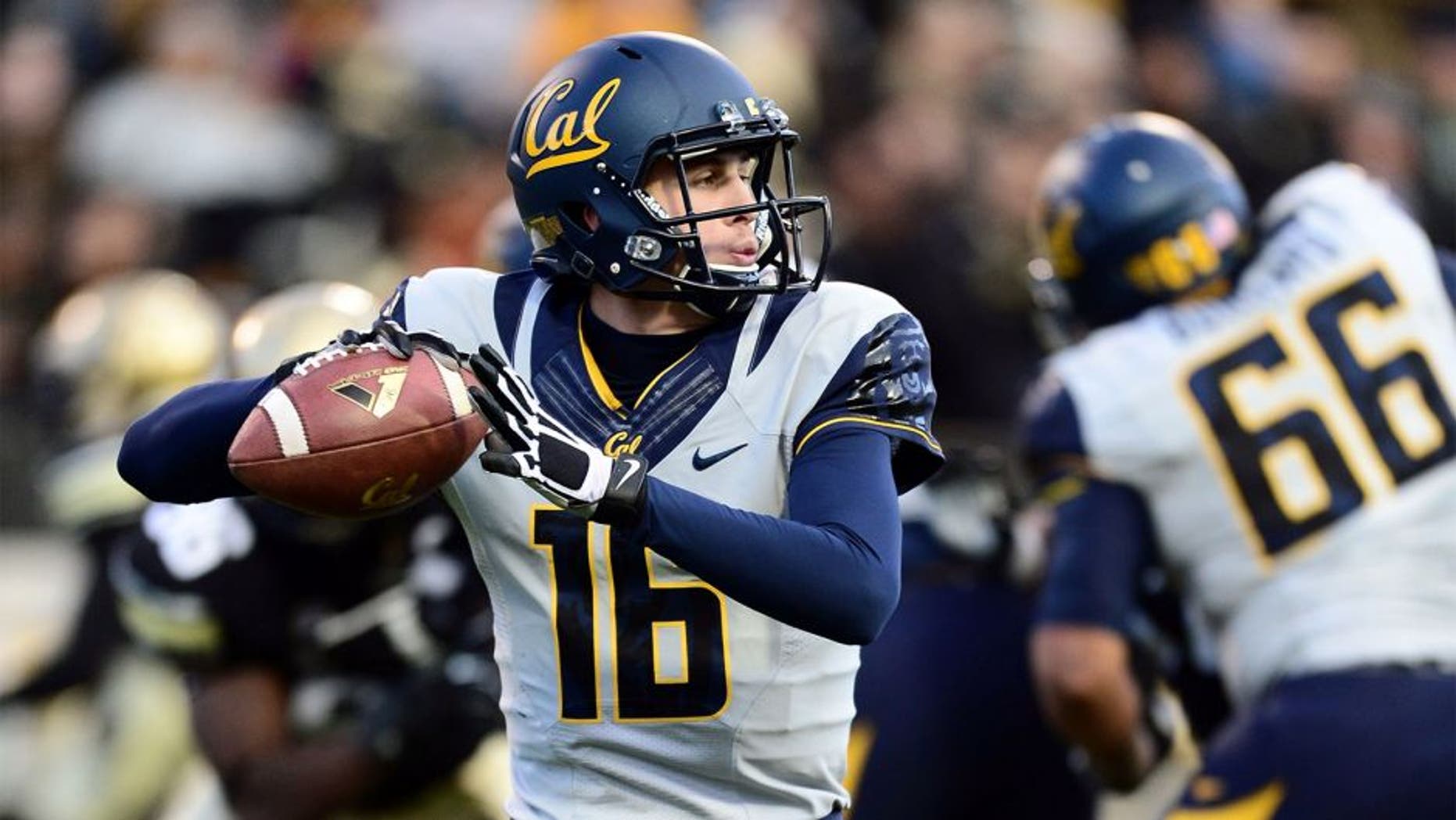Nov 16, 2013; Boulder, CO, USA; California Golden Bears quarterback Jared Goff (16) prepares to pass in the first quarter against the Colorado Buffaloes at Folsom Field. Mandatory Credit: Ron Chenoy-USA TODAY Sports