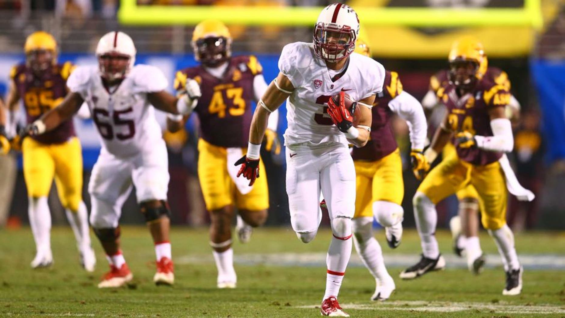 Dec 7, 2013; Tempe, AZ, USA; Stanford Cardinal wide receiver Michael Rector (3) runs the ball in the second half against the Arizona State Sun Devils at Sun Devil Stadium. Stanford defeated Arizona State 38-14. Mandatory Credit: Mark J. Rebilas-USA TODAY Sports