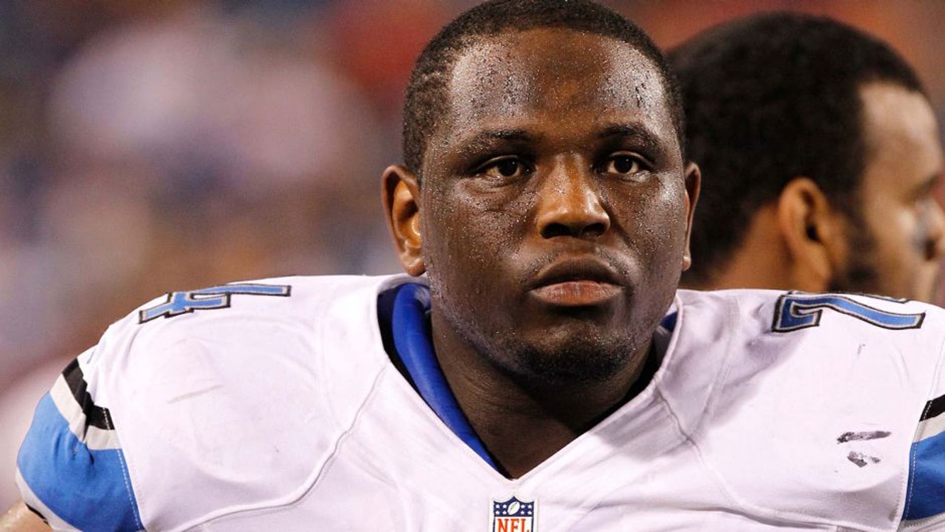 Aug 29, 2013; Orchard Park, NY, USA; Detroit Lions guard Rodney Austin (74) on the sideline during the game against the Buffalo Bills at Ralph Wilson Stadium. The Lions beat the Bills 35-13. Mandatory Credit: Kevin Hoffman-USA TODAY Sports