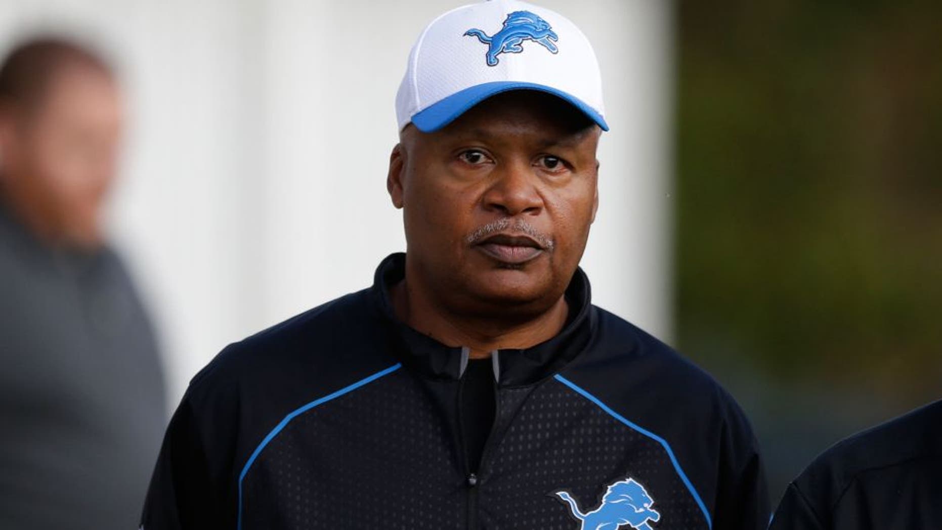 Detroit Lions head coach Jim Caldwell leaves after speaking in a press conference at the Grove Hotel in Chandler's Cross, England, Wednesday, Oct. 28, 2015. The Detroit Lions are due to play the Kansas City Chiefs at Wembley stadium in London on Sunday in a regular season NFL game. (AP Photo/Matt Dunham)