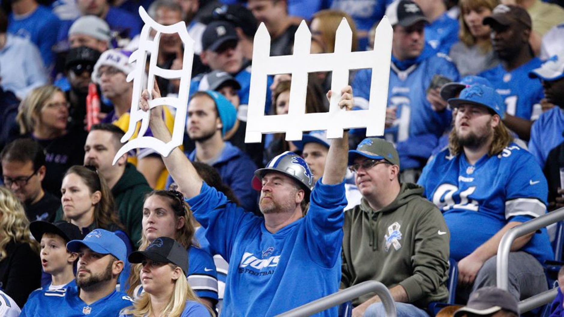 Oct 25, 2015; Detroit, MI, USA; Detroit Lions fan holds up a defense sign during the first quarter against the Minnesota Vikings at Ford Field. Vikings win 28-19. Mandatory Credit: Raj Mehta-USA TODAY Sports