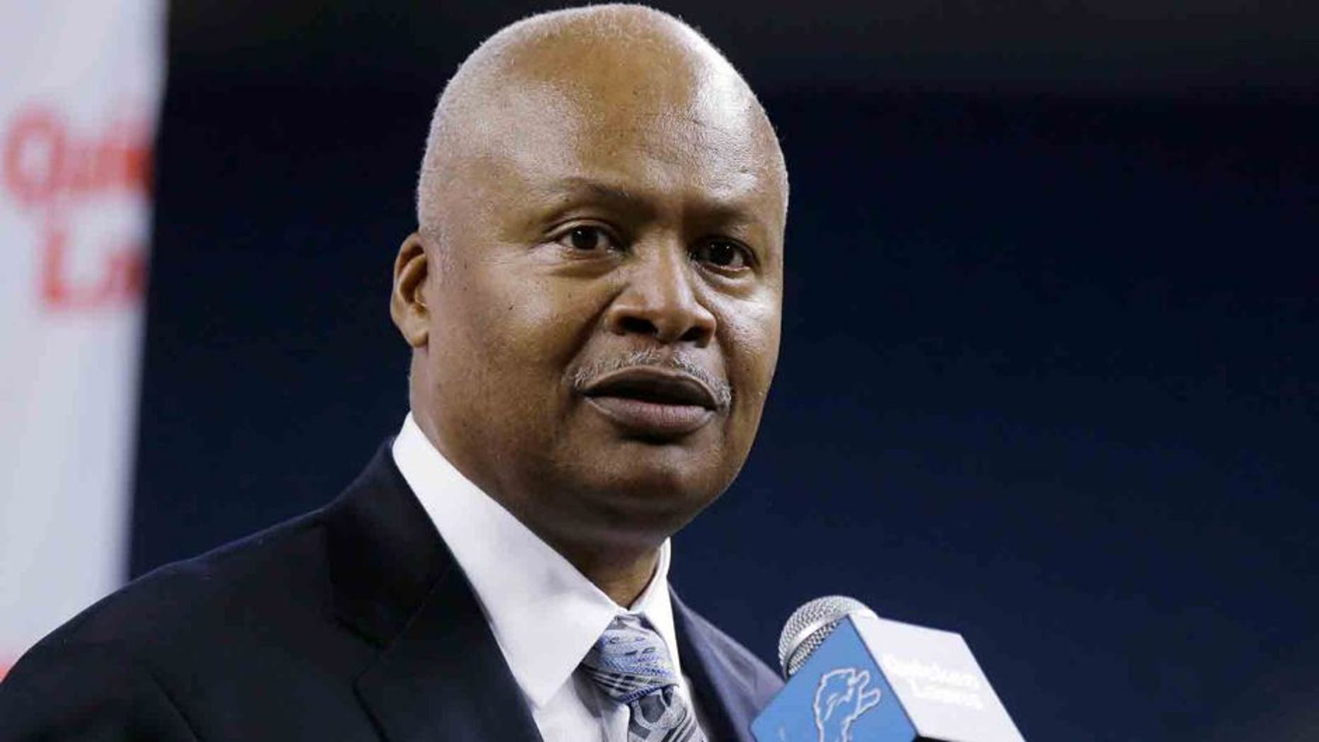 New Detroit Lions head coach Jim Caldwell addresses the media at Ford Field in Detroit, Wednesday, Jan. 15, 2014. Caldwell previously was the Baltimore Ravens quarterbacks coach and offensive coordinator. (AP Photo/Carlos Osorio)