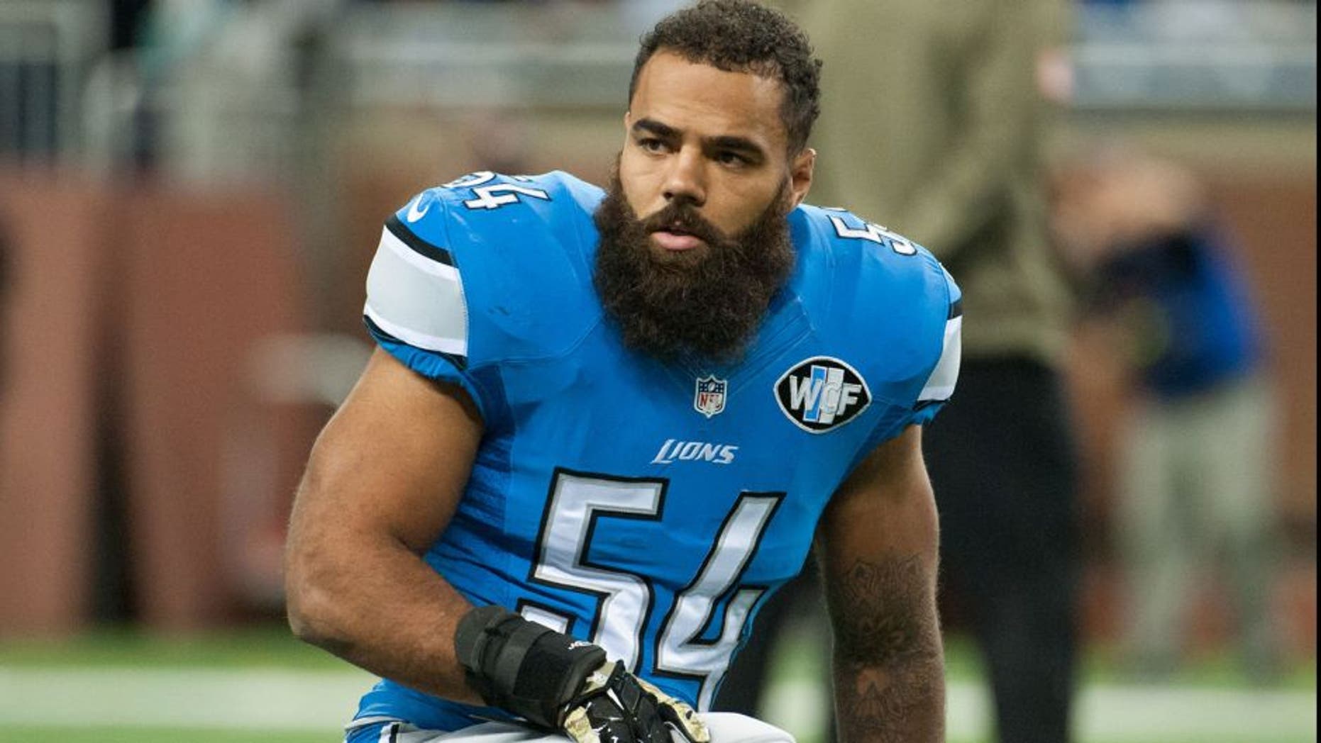 Nov 9, 2014; Detroit, MI, USA; Detroit Lions outside linebacker DeAndre Levy (54) before the game against the Miami Dolphins at Ford Field. Mandatory Credit: Tim Fuller-USA TODAY Sports