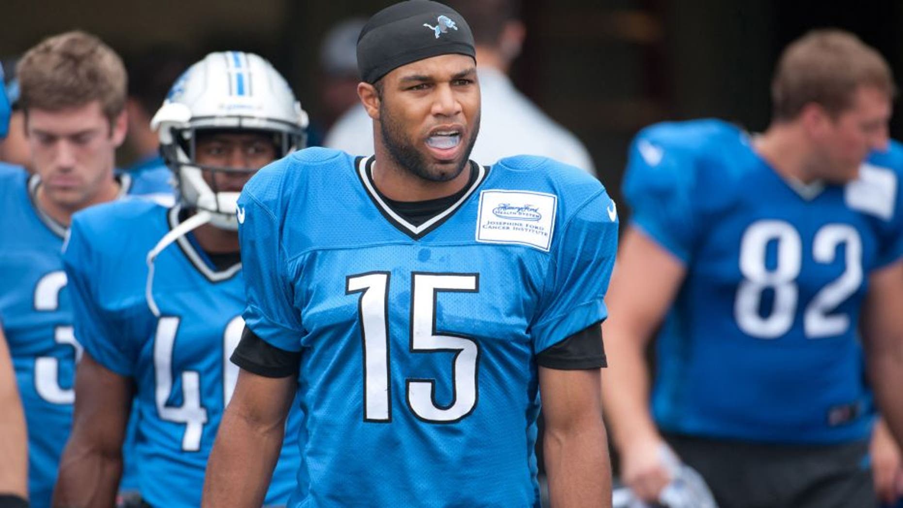 Aug 2, 2014; Detroit, MI, USA; Detroit Lions wide receiver Golden Tate (15) takes to the field during training camp at the Lions training facility. Mandatory Credit: Tim Fuller-USA TODAY Sports