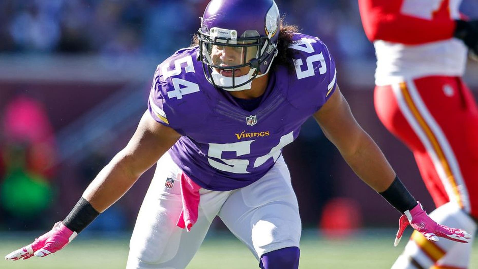 Oct 18, 2015; Minneapolis, MN, USA; Minnesota Vikings linebacker Eric Kendricks (54) celebrates after a sack against the Kansas City Chiefs in the first quarter at TCF Bank Stadium. The Vikings won 16-10. Mandatory Credit: Bruce Kluckhohn-USA TODAY Sports
