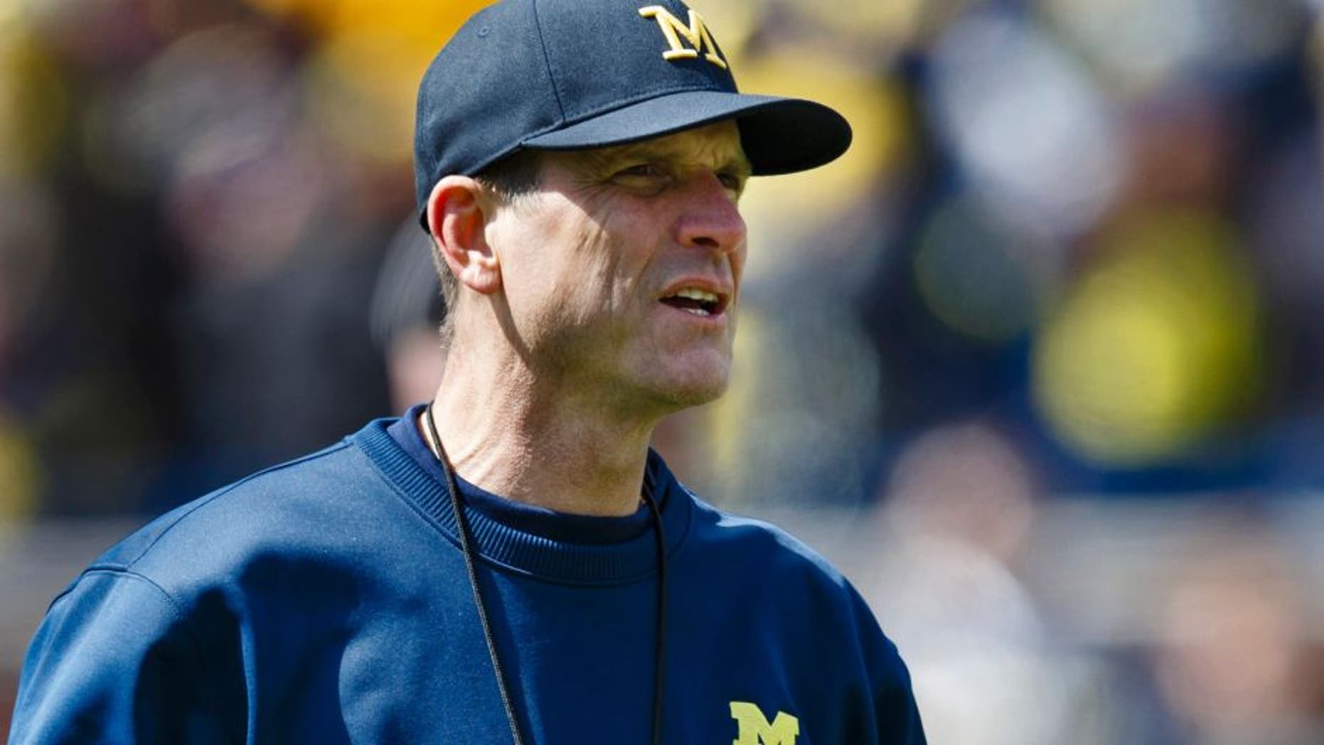 Apr 4, 2015; Ann Arbor, MI, USA; Michigan Wolverines head coach Jim Harbaugh is seen during the Spring football game at Michigan Stadium. Mandatory Credit: Rick Osentoski-USA TODAY Sports