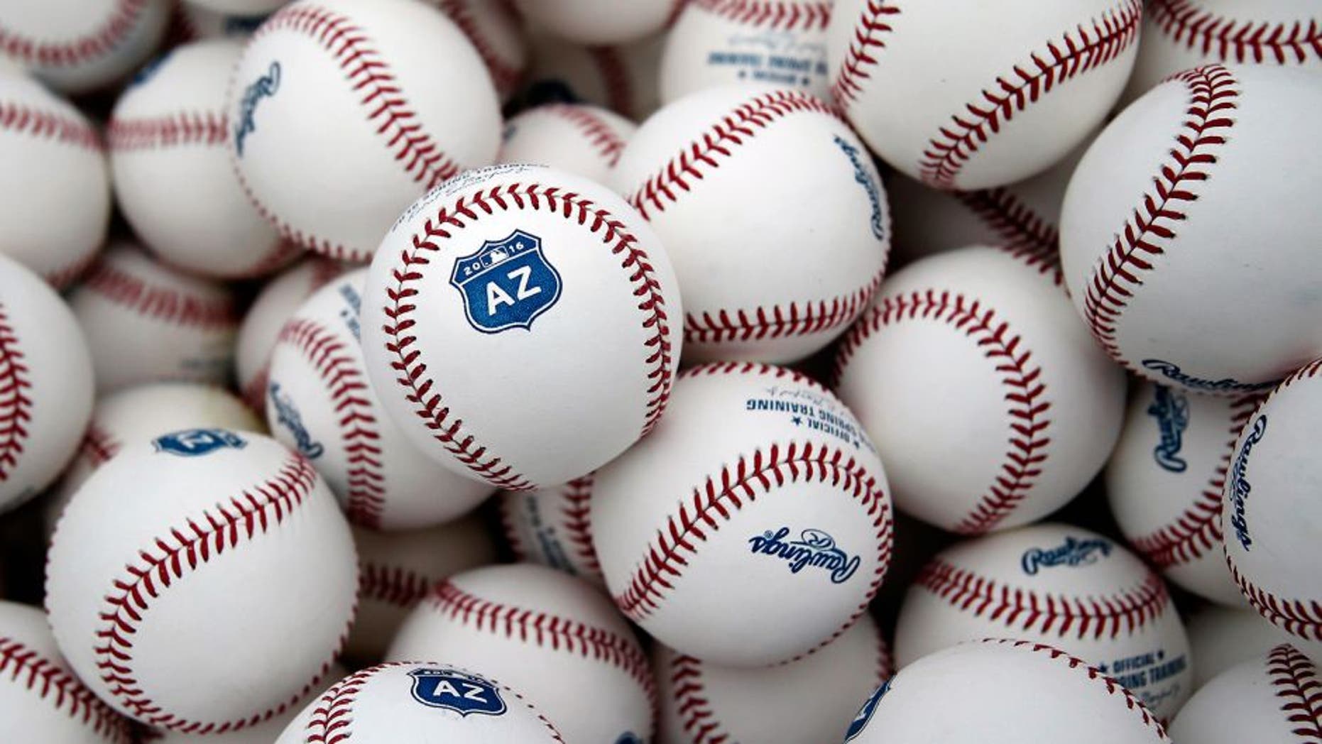 Feb 19, 2016; Scottsdale, AZ, USA; MLB baseball show the new logo at Arizona Diamondbacks spring training camp at Salt River Fields. Mandatory Credit: Rick Scuteri-USA TODAY Sports