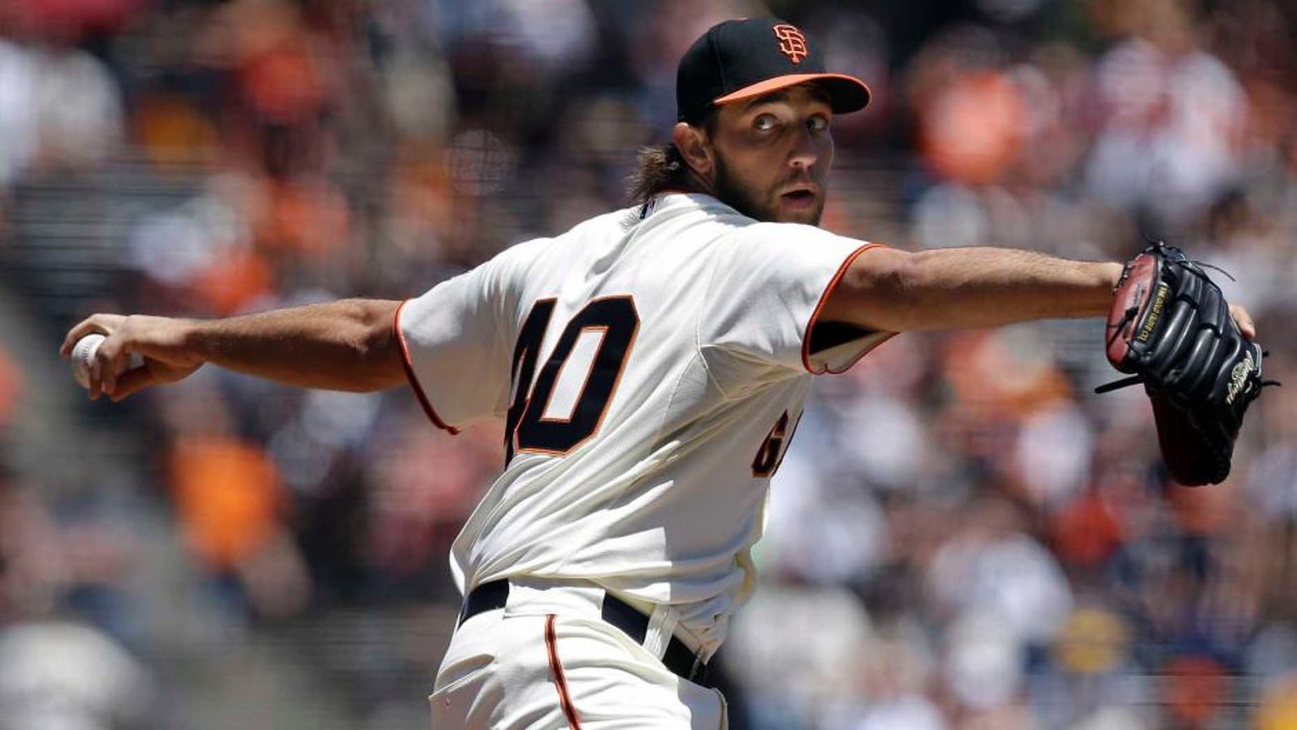 Sunday, May 25: San Francisco Giants pitcher Madison Bumgarner throws against the Minnesota Twins during the first inning.