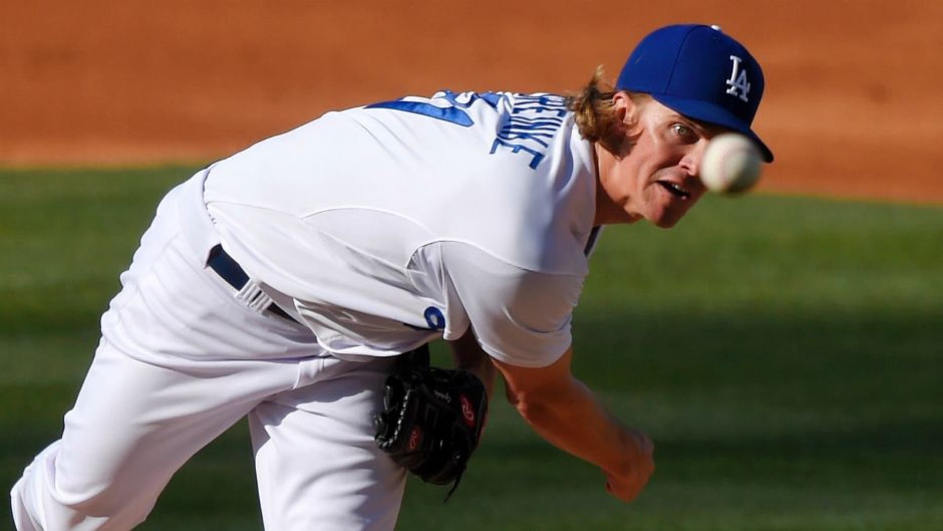 Los Angeles Dodgers starting pitcher Zack Greinke throws to the plate during the second inning of a baseball game against the St. Louis Cardinals, Sunday, June 7, 2015, in Los Angeles. (AP Photo/Mark J. Terrill)