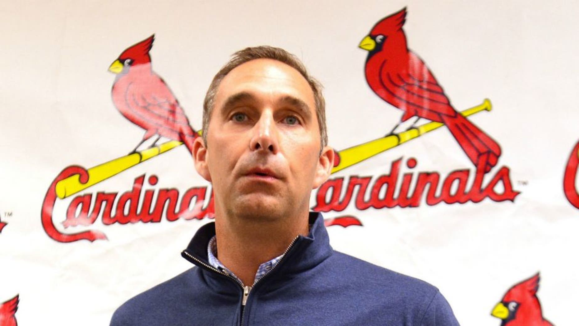 Mar 8, 2014; Jupiter, FL, USA; St. Louis Cardinals general manager John Mozeliak addresses the media during a press conference announcing a contract extension for Cardinals third baseman Matt Carpenter (13) at Roger Dean Stadium. Mandatory Credit: Scott Rovak-USA TODAY Sports