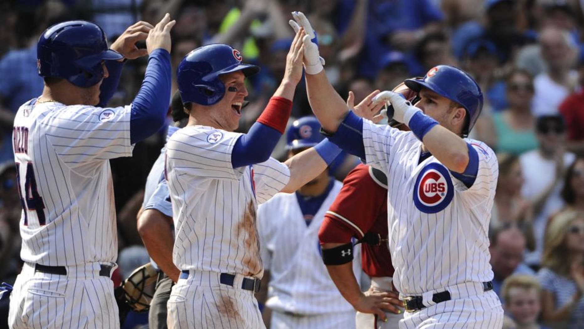 Chicago Cubs' Anthony Rizzo (44), left, and Chris Coghlan, center, high-five teammate Miguel Montero after he hit a grand slam off Arizona Diamondbacks' Matt Reynolds pitching in the sixth inning of a baseball game on Sunday, Sept. 6, 2015, in Chicago. (AP Photo/Matt Marton)