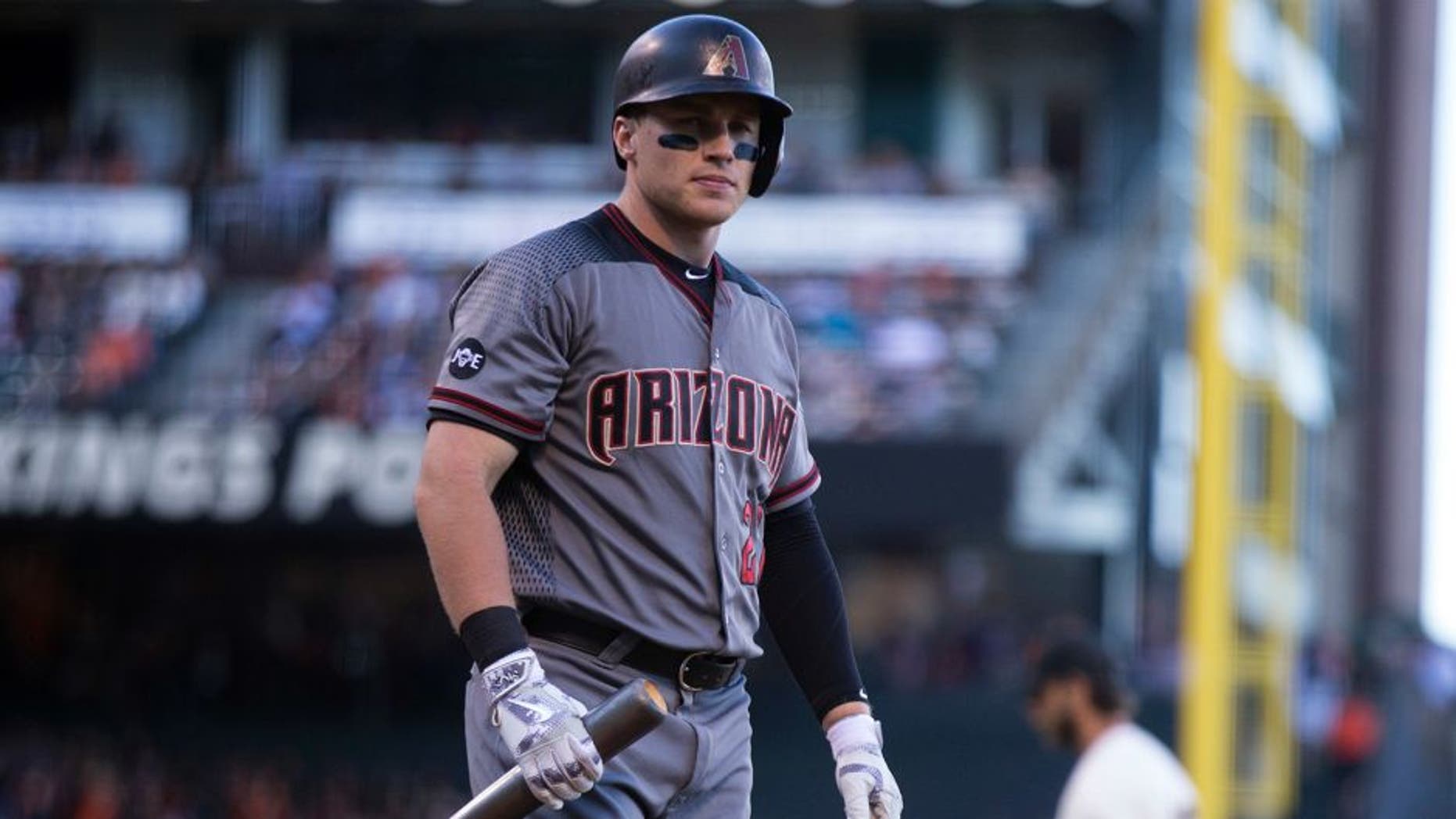 Arizona Diamondbacks' Brandon Drury walks back to the dugout after striking out against San Francisco Giants starting pitcher Madison Bumgarner during the fifth inning of a baseball game on Sunday, July 10, 2016, in San Francisco. (AP Photo/D. Ross Cameron)