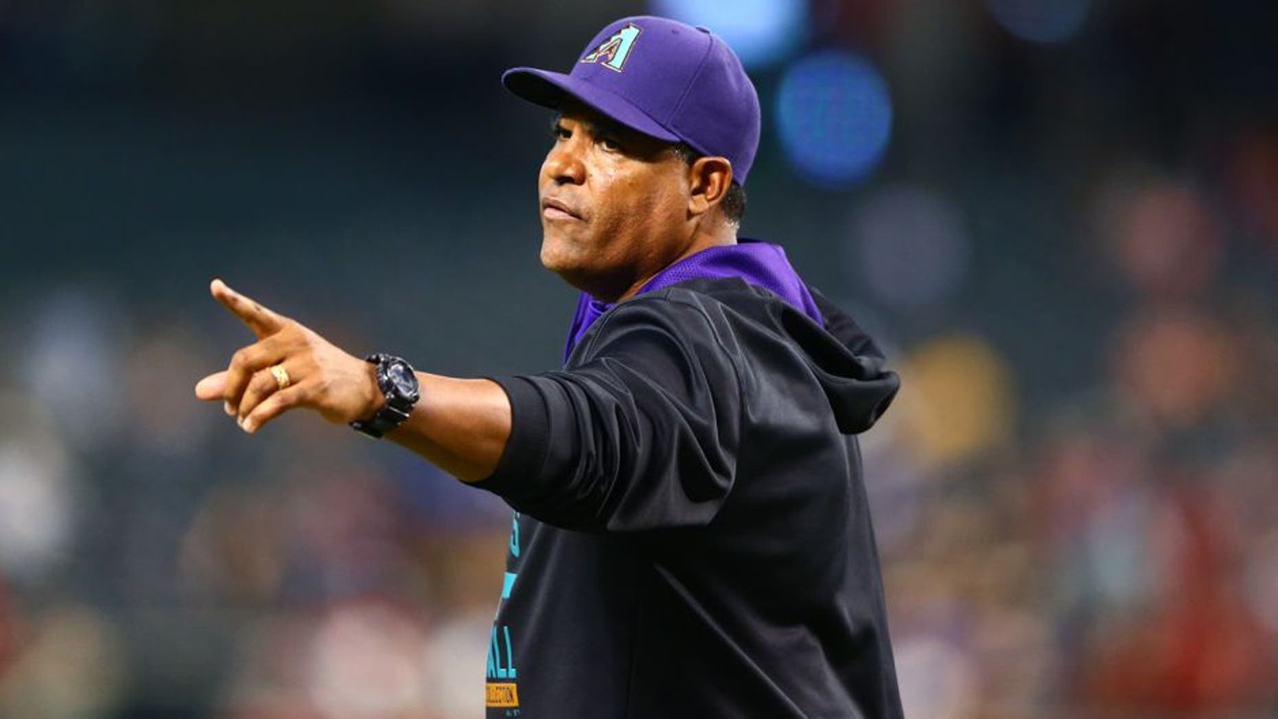 Aug 27, 2015; Phoenix, AZ, USA; Arizona Diamondbacks pitching coach Mike Harkey reacts against the St. Louis Cardinals at Chase Field. Mandatory Credit: Mark J. Rebilas-USA TODAY Sports