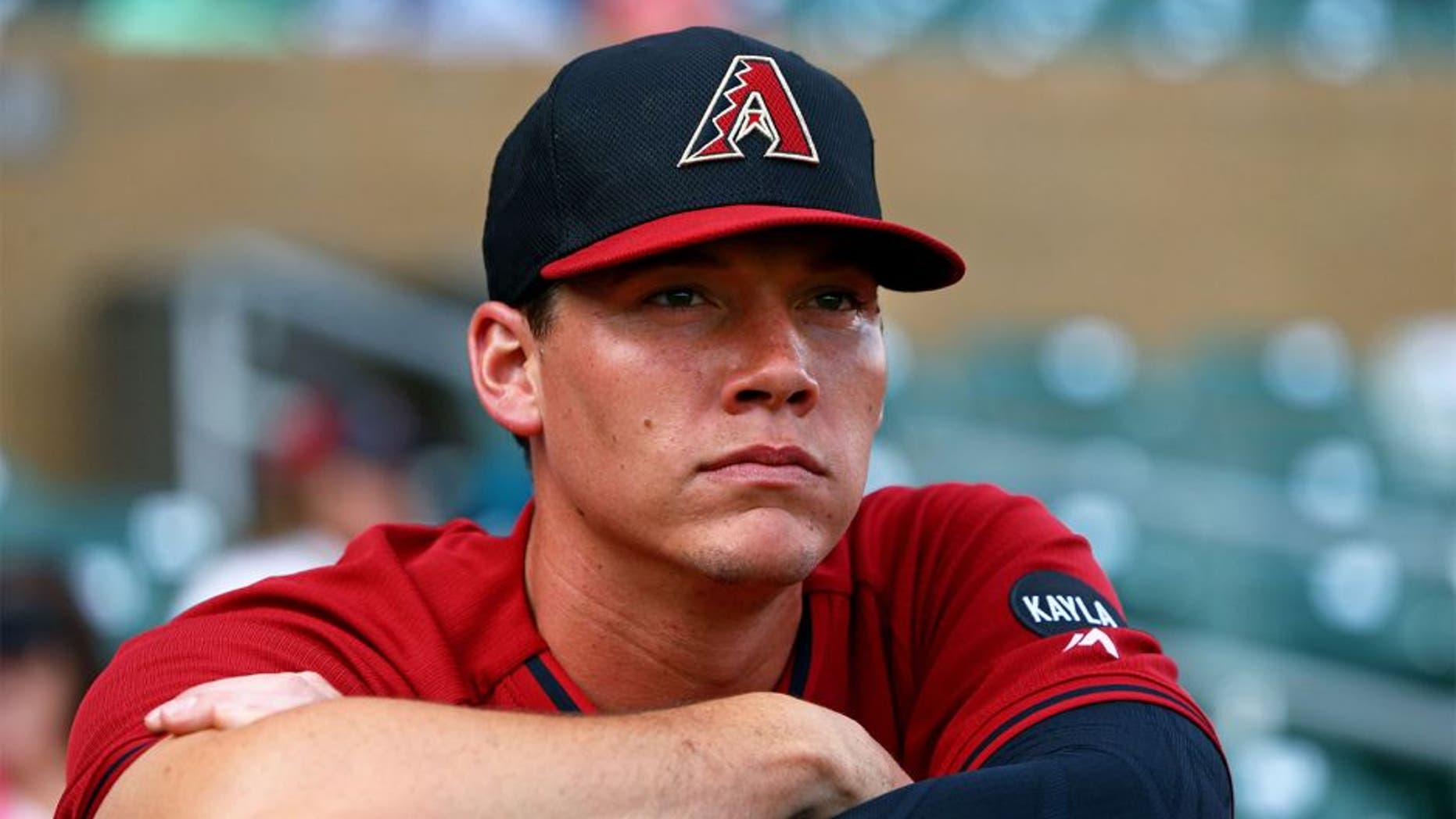 Mar 3, 2015; Scottsdale, AZ, USA; Arizona Diamondbacks catcher Peter O'Brien against the Arizona State Sun Devils during a spring training baseball game at Salt River Fields. Mandatory Credit: Mark J. Rebilas-USA TODAY Sports