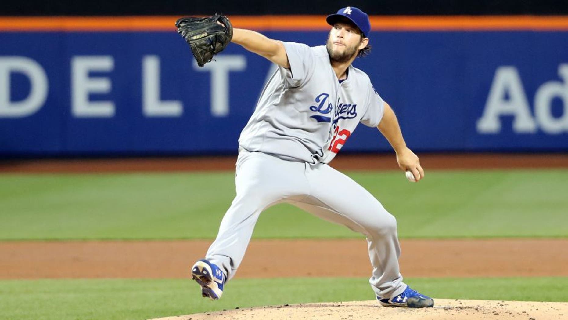 May 29, 2016; New York City, NY, USA; Los Angeles Dodgers starting pitcher Clayton Kershaw (22) pitches during the first inning against the New York Mets at Citi Field. Mandatory Credit: Anthony Gruppuso-USA TODAY Sports