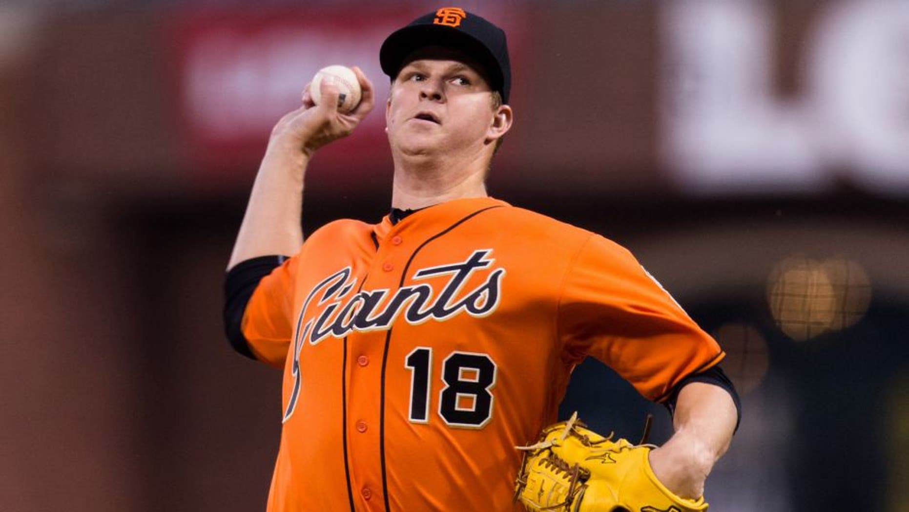 Apr 8, 2016; San Francisco, CA, USA; San Francisco Giants starting pitcher Matt Cain (18) throws against the Los Angeles Dodgers in the first inning at AT&T Park. Mandatory Credit: John Hefti-USA TODAY Sports