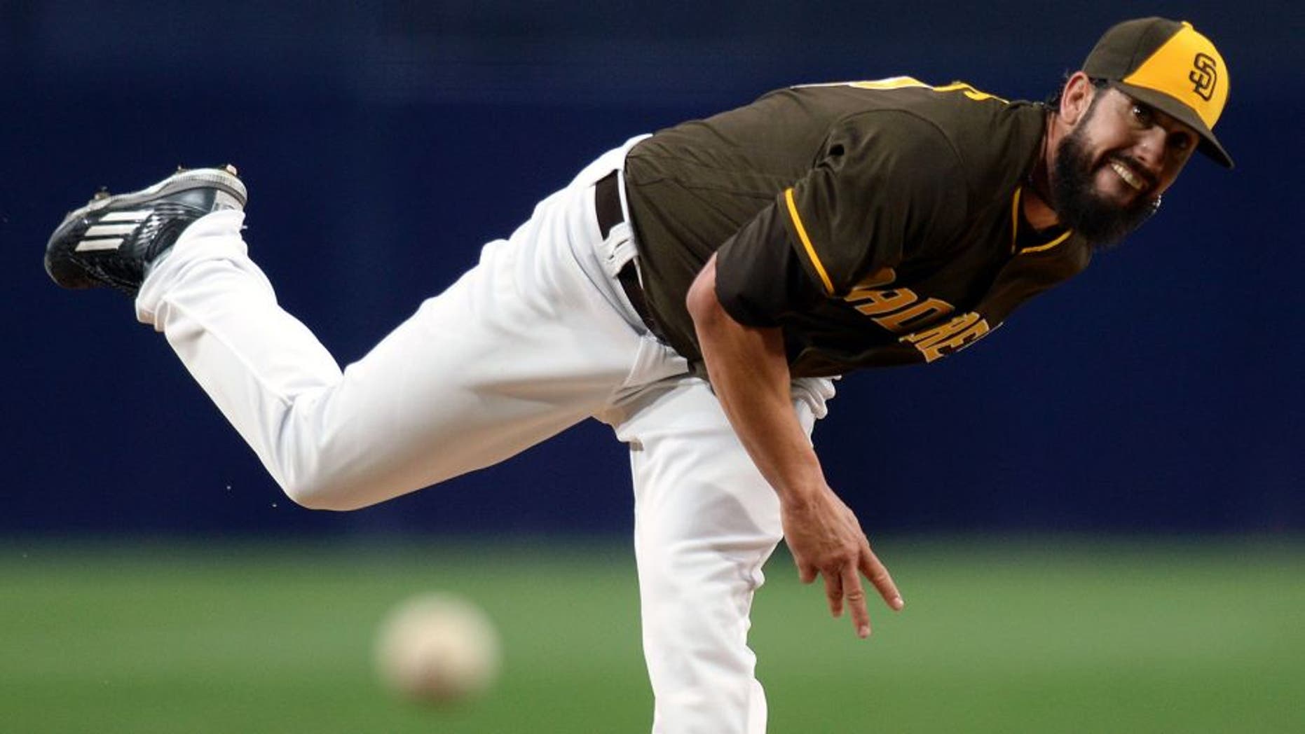 Apr 5, 2016; San Diego, CA, USA; San Diego Padres starting pitcher James Shields (33) pitches against the Los Angeles Dodgers during the first inning at Petco Park. Mandatory Credit: Jake Roth-USA TODAY Sports