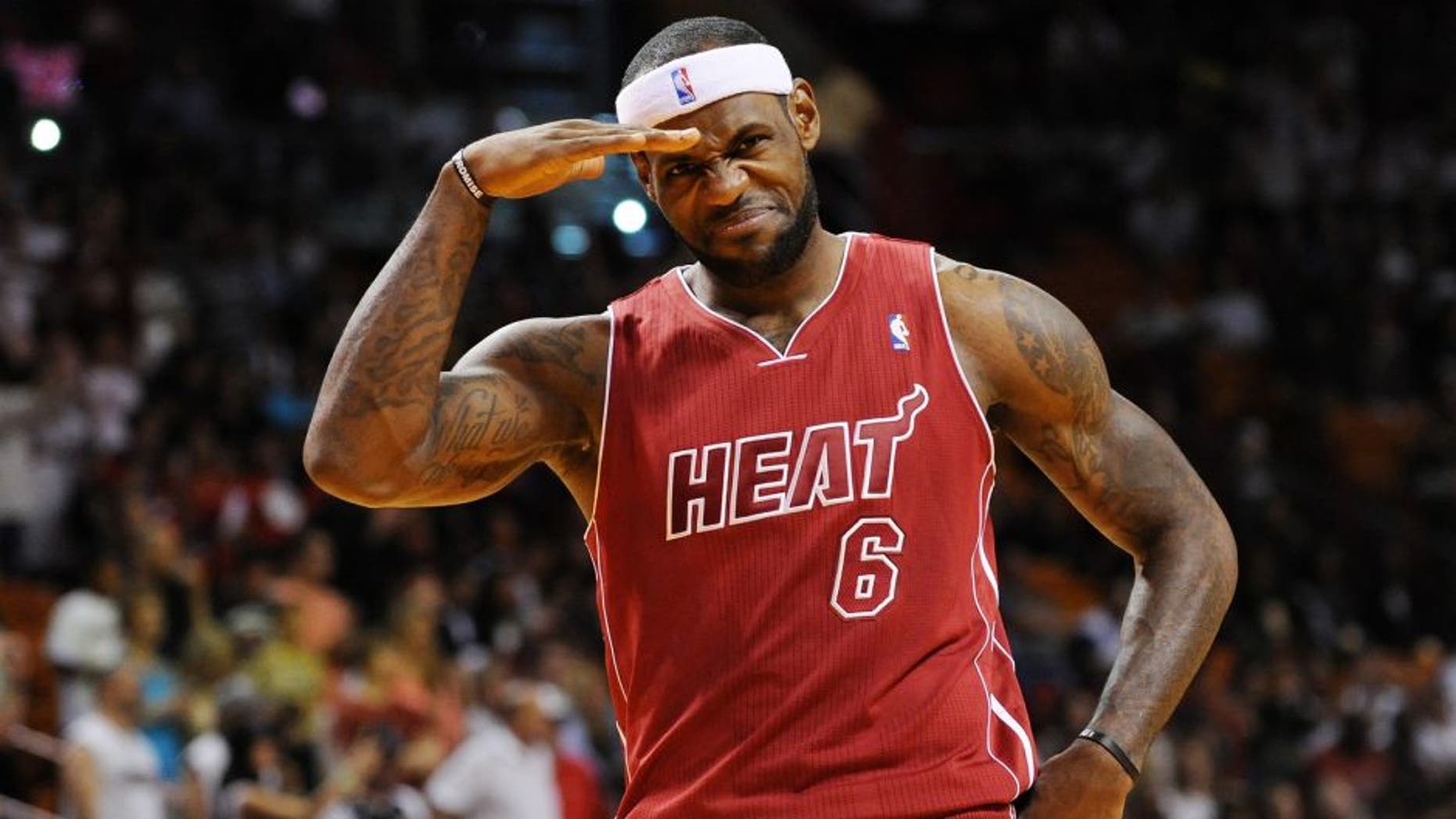 Dec 20, 2013; Miami, FL, USA; Miami Heat small forward LeBron James (6) slates before a game against the Sacramento Kings at American Airlines Arena. Mandatory Credit: Steve Mitchell-USA TODAY Sports