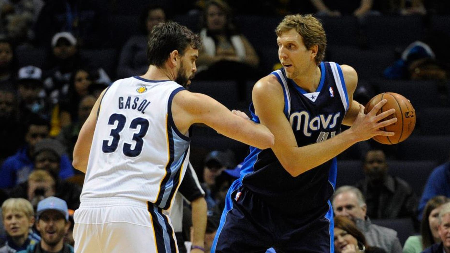 Feb 5, 2014; Memphis, TN, USA; Memphis Grizzlies center Marc Gasol (33) guards Dallas Mavericks power forward Dirk Nowitzki (41) at FedExForum. Mandatory Credit: Justin Ford-USA TODAY Sports