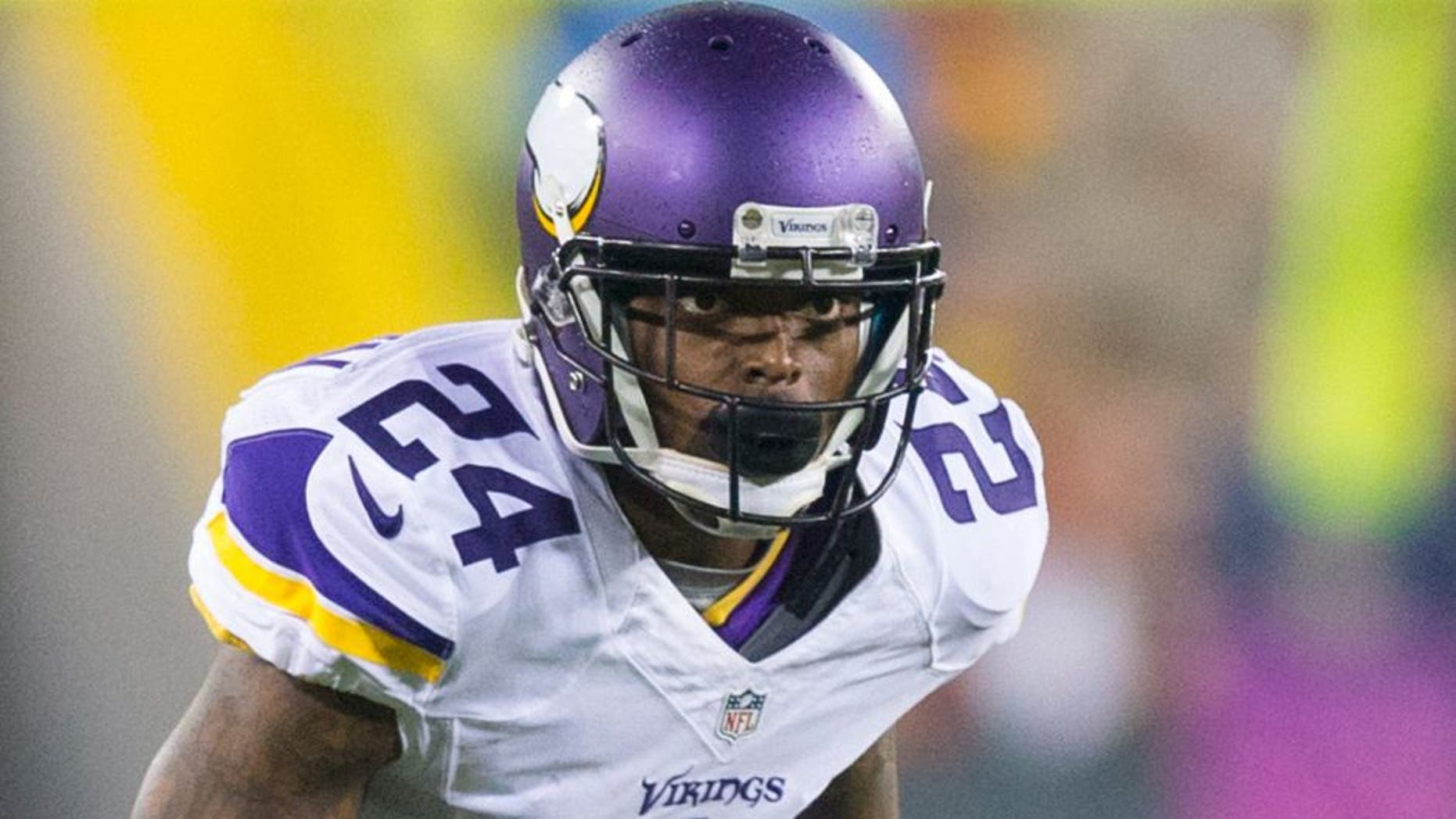 Oct 2, 2014; Green Bay, WI, USA; Minnesota Vikings cornerback Captain Munnerlyn (24) during the game against the Green Bay Packers at Lambeau Field. Green Bay won 42-10. Mandatory Credit: Jeff Hanisch-USA TODAY Sports