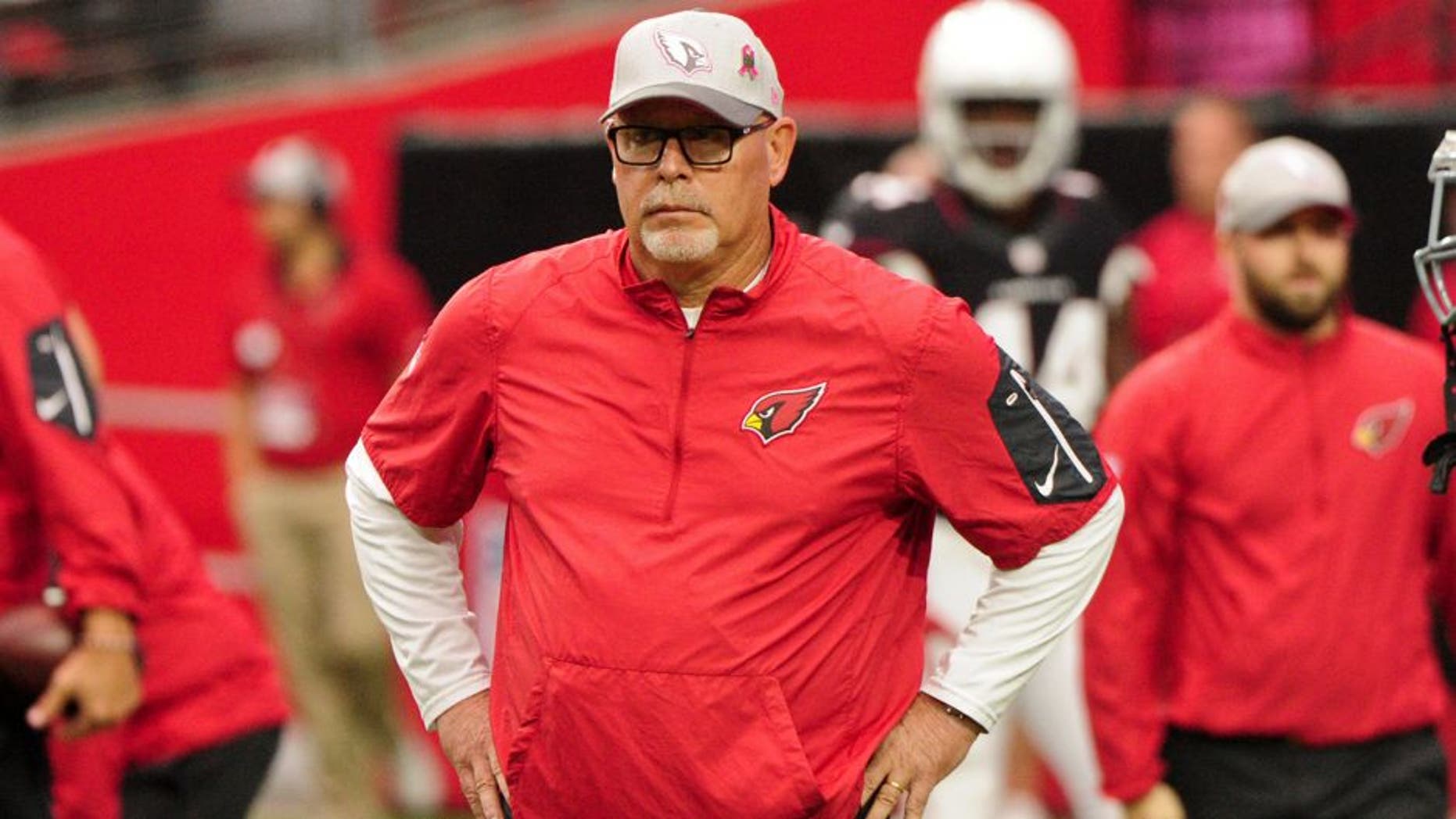 Oct 4, 2015; Glendale, AZ, USA; Arizona Cardinals head coach Bruce Arians looks on prior to the game against the St. Louis Rams at University of Phoenix Stadium. Mandatory Credit: Matt Kartozian-USA TODAY Sports
