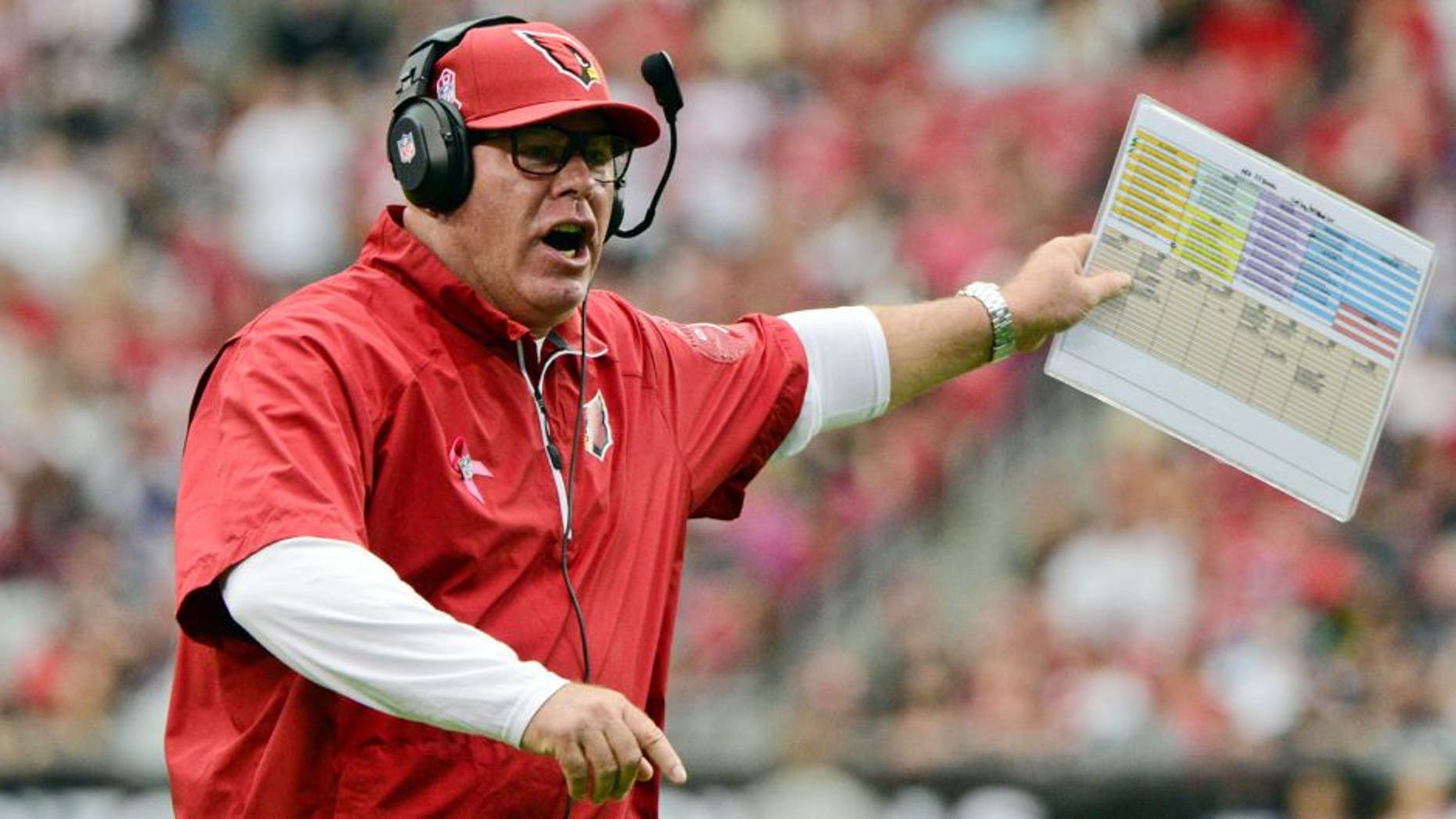 Oct 6, 2013; Phoenix, AZ, USA; Arizona Cardinals head coach Bruce Arians reacts during the first half against the Carolina Panthers at University of Phoenix Stadium. Mandatory Credit: Matt Kartozian-USA TODAY Sports