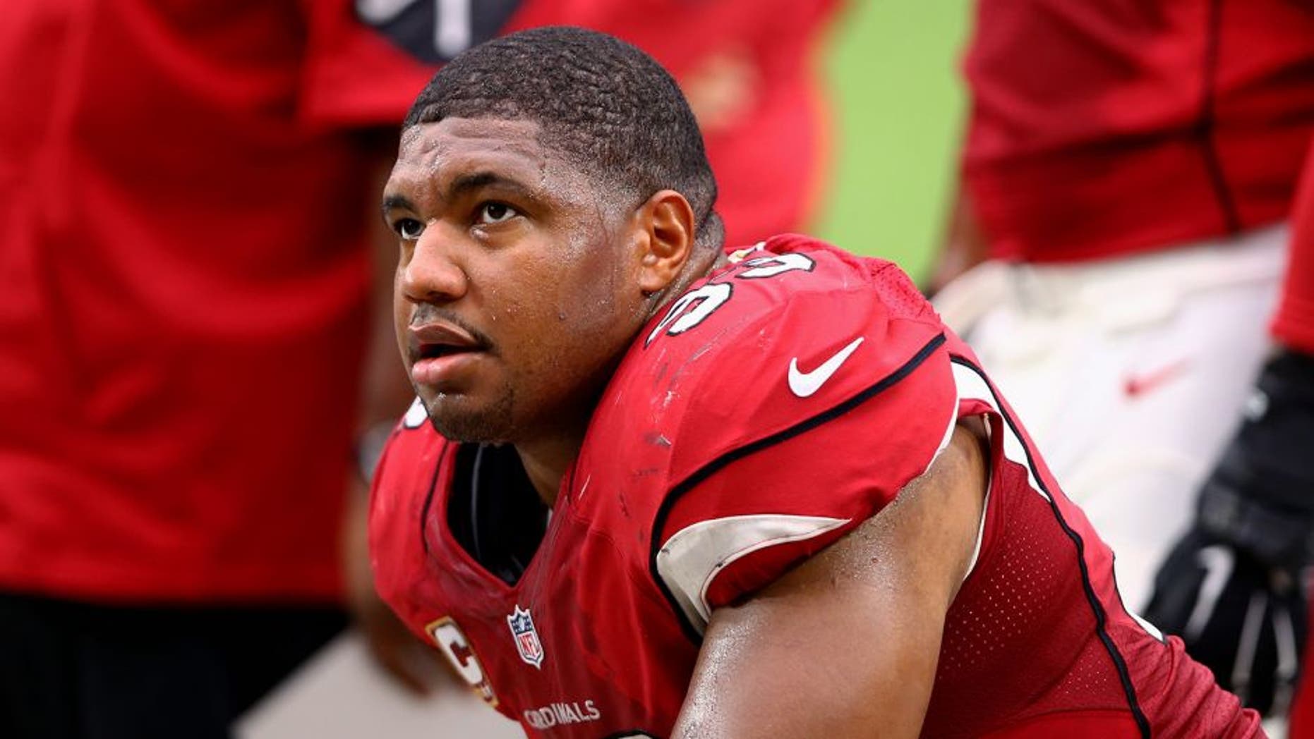 Sep 13, 2015; Glendale, AZ, USA; Arizona Cardinals defensive end Calais Campbell against the New Orleans Saints at University of Phoenix Stadium. The Cardinals defeated the Saints 31-19. Mandatory Credit: Mark J. Rebilas-USA TODAY Sports