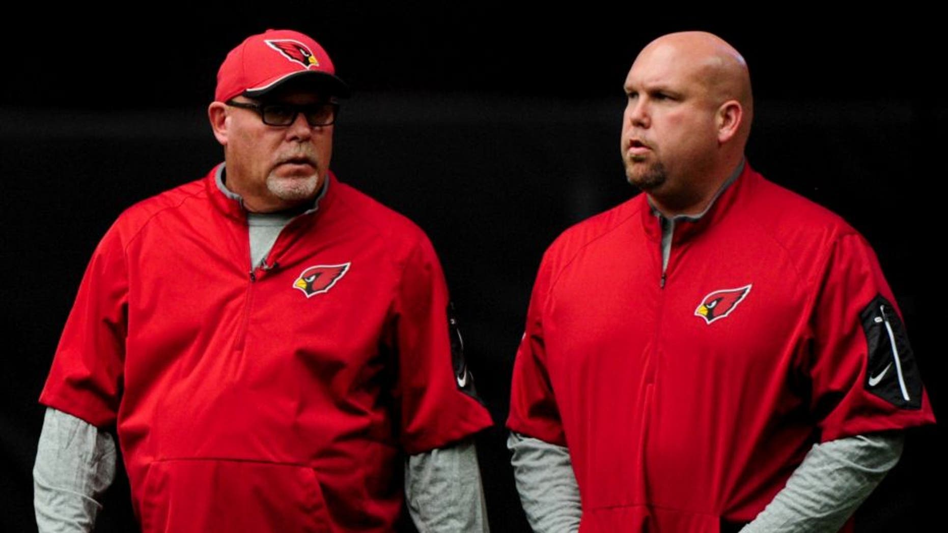 Aug 1, 2015; Glendale, AZ, USA; Arizona Cardinals head coach Bruce Arians and General Manager Steve Keim look on during training camp at University of Phoenix. Mandatory Credit: Matt Kartozian-USA TODAY Sports