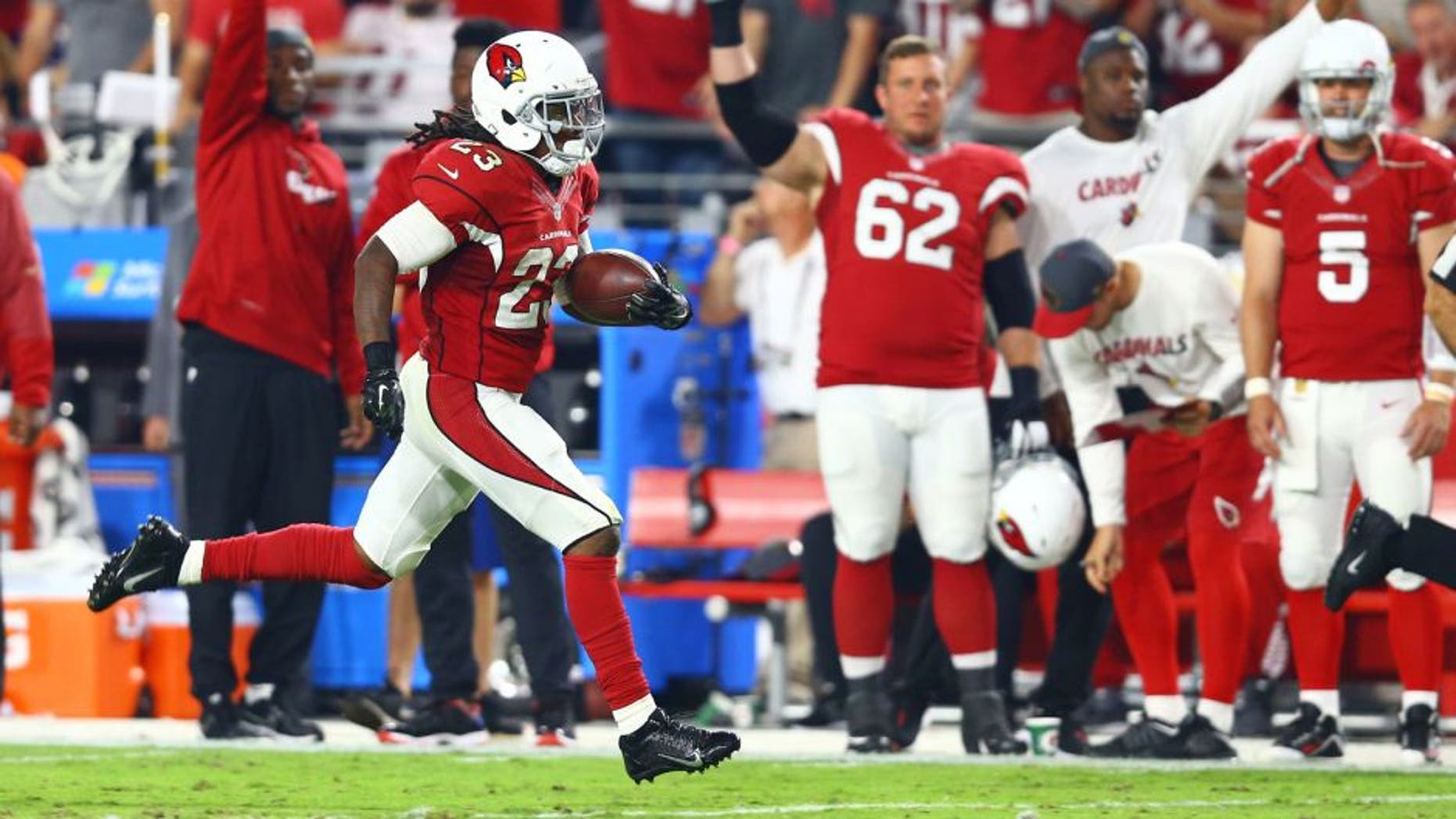 Oct 26, 2015; Glendale, AZ, USA; Arizona Cardinals running back Chris Johnson (23) runs the ball in the third quarter against the Baltimore Ravens at University of Phoenix Stadium. The Cardinals defeated the Ravens 26-18. Mandatory Credit: Mark J. Rebilas-USA TODAY Sports