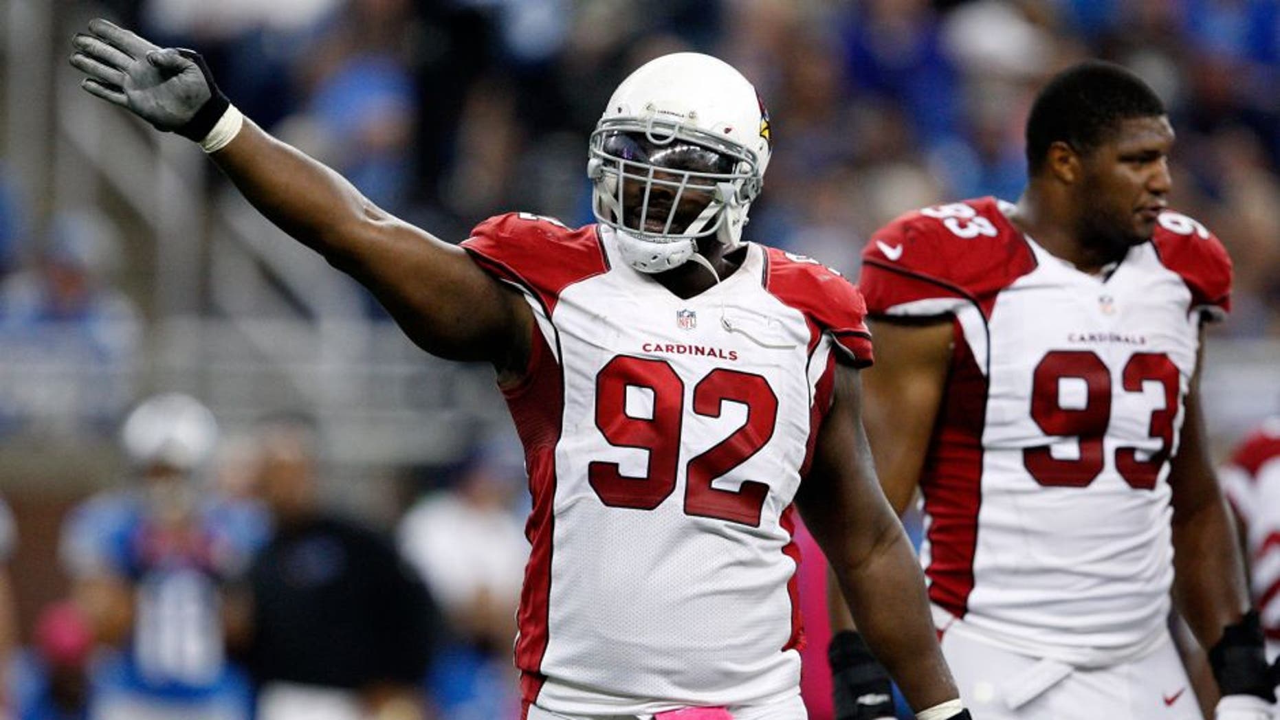 Oct 11, 2015; Detroit, MI, USA; Arizona Cardinals defensive end Frostee Rucker (92) signals first down during the second quarter against the Detroit Lions at Ford Field. Mandatory Credit: Raj Mehta-USA TODAY Sports