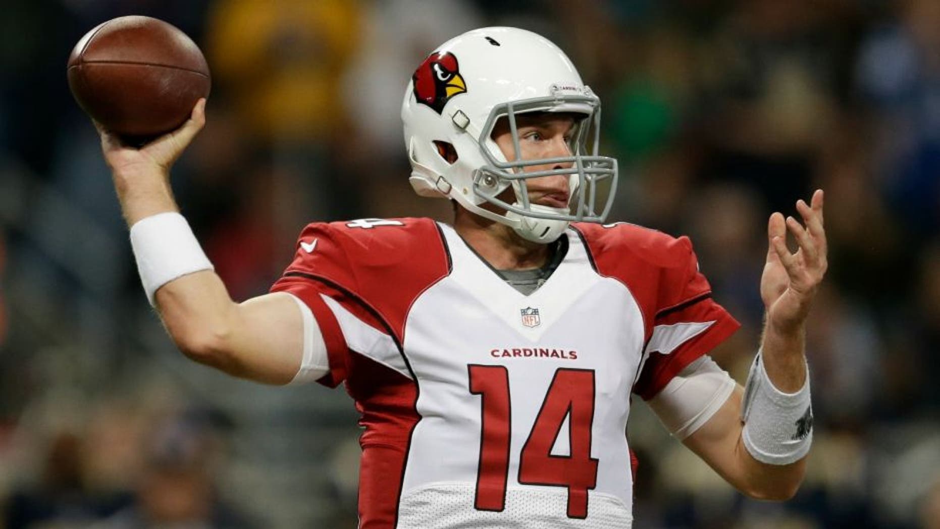 Arizona Cardinals quarterback Ryan Lindley (14) throws during the second half of an NFL football game against the St. Louis Rams Thursday, Dec. 11, 2014 in St. Louis. (AP Photo/Jeff Roberson)