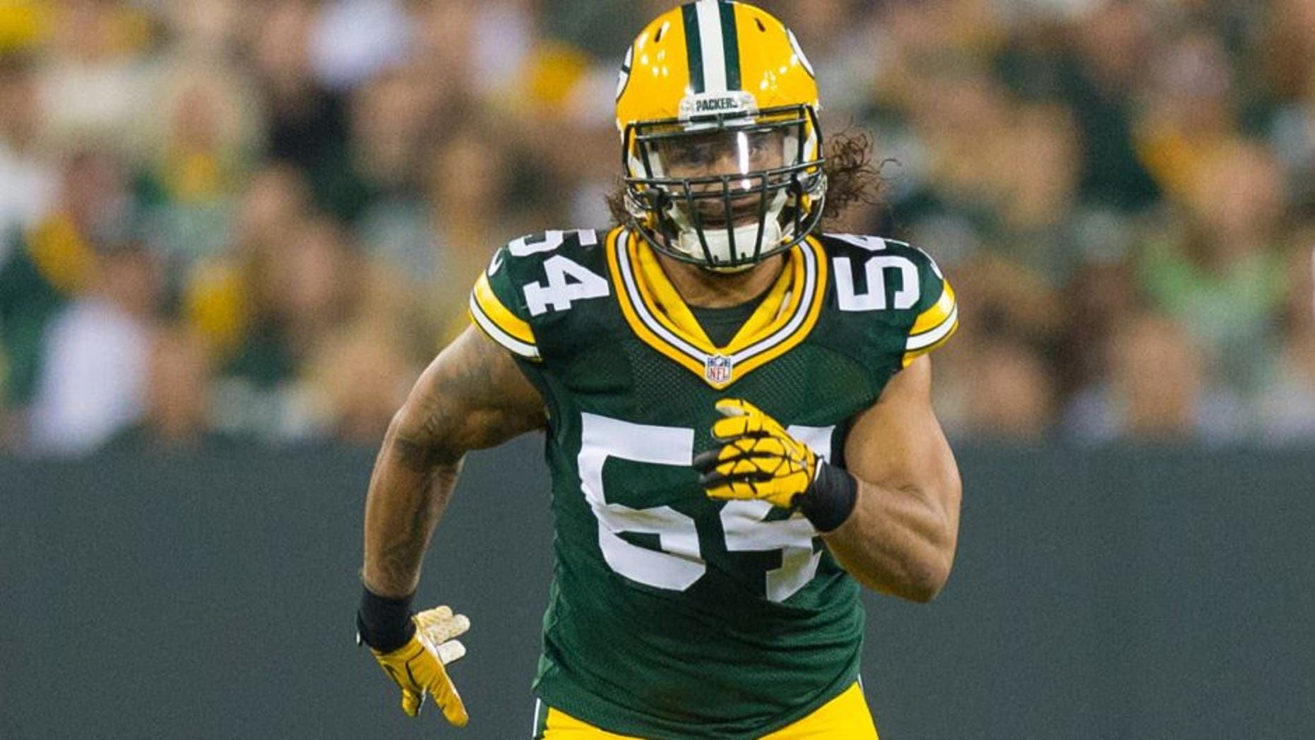 Aug 22, 2014; Green Bay, WI, USA; Green Bay Packers linebacker Carl Bradford (54) during the game against the Oakland Raiders at Lambeau Field. Mandatory Credit: Jeff Hanisch-USA TODAY Sports