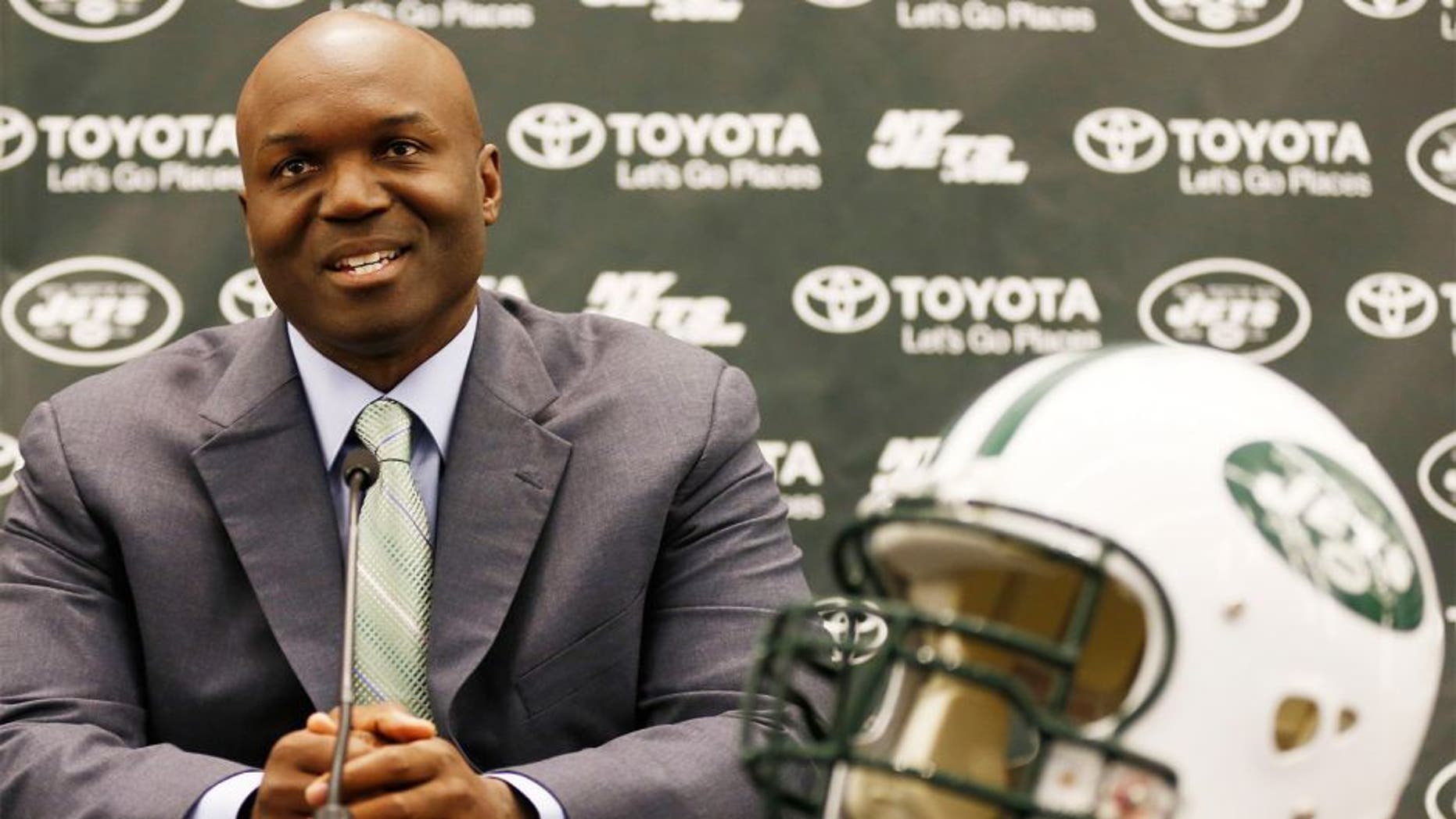 Jan 21, 2015; Florham Park, NJ, USA; New York Jets new head coach Todd Bowles speaks during a press conference at Atlantic Health Jets Training Center. Mandatory Credit: William Perlman/NJ Advance Media for NJ.com via USA TODAY Sports