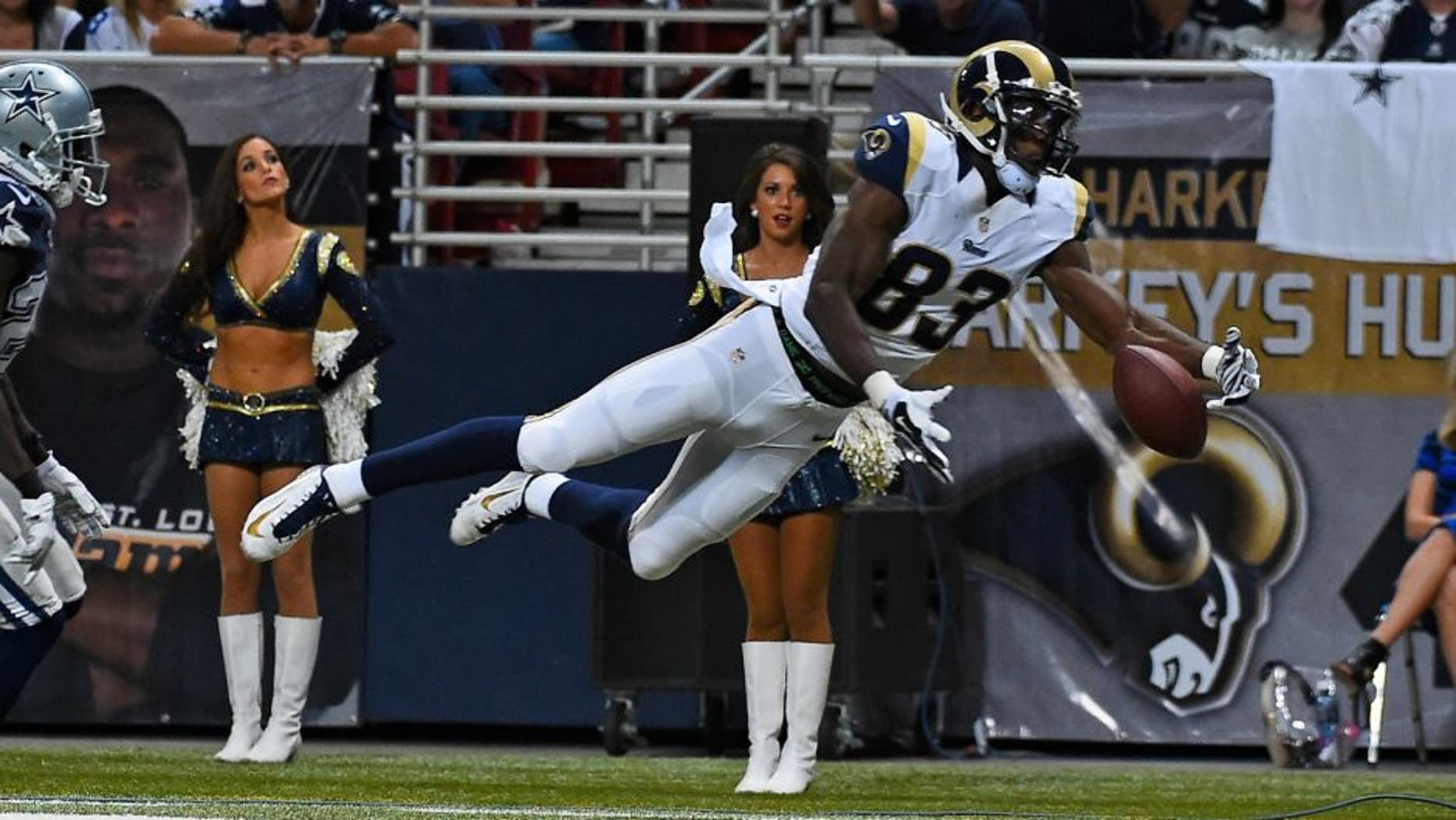 Sep 21, 2014; St. Louis, MO, USA; St. Louis Rams wide receiver Brian Quick (83) fails to make a catch against the St. Louis Rams during the second half at the Edward Jones Dome. The Dallas Cowboys defeat the St. Louis Rams 34-31. Mandatory Credit: Jasen Vinlove-USA TODAY Sports
