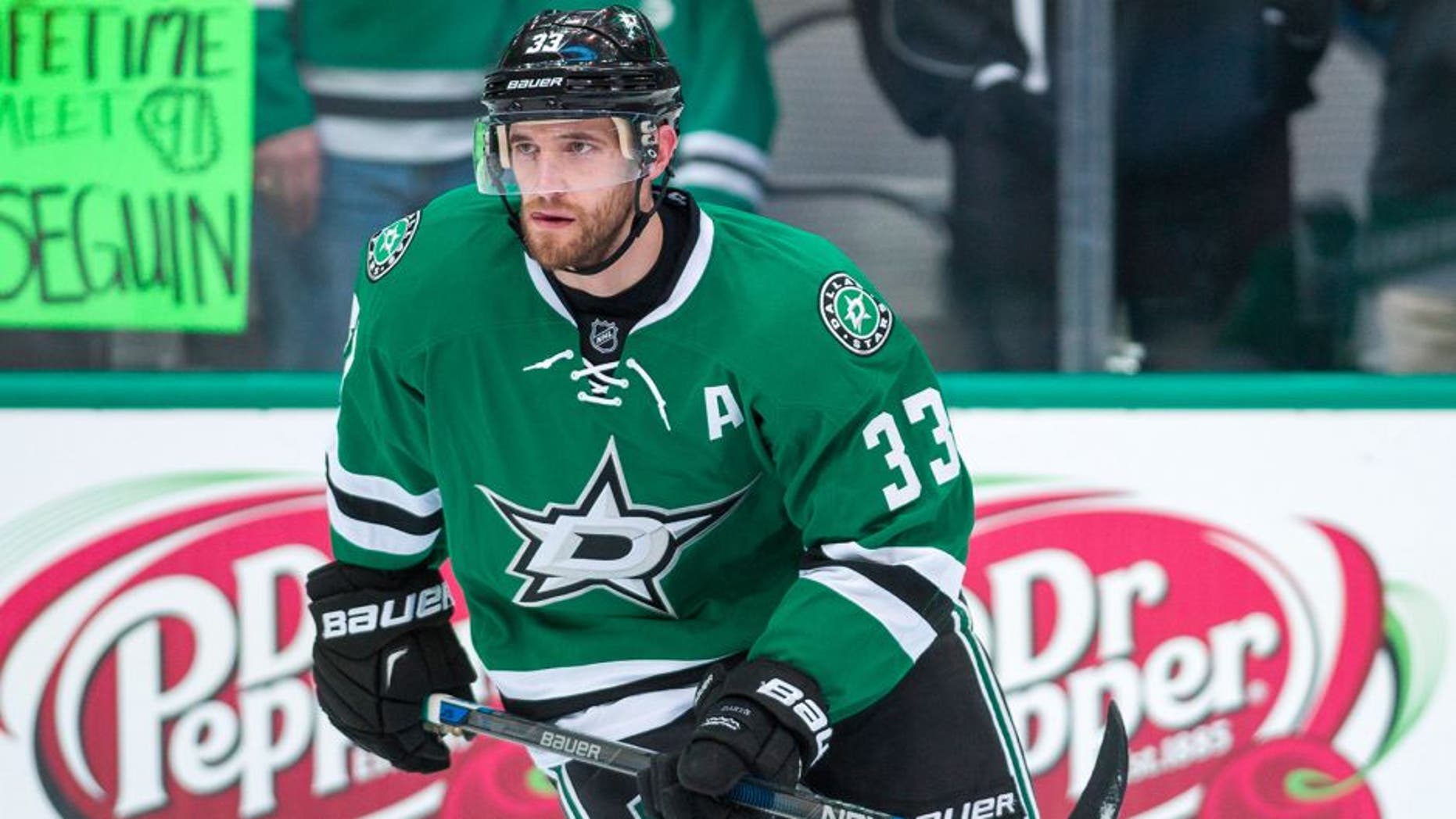 Mar 11, 2016; Dallas, TX, USA; Dallas Stars defenseman Alex Goligoski (33) skates in warm-ups prior to the game against the Chicago Blackhawks at the American Airlines Center. The Stars defeat the Blackhawks 5-2. Mandatory Credit: Jerome Miron-USA TODAY Sports