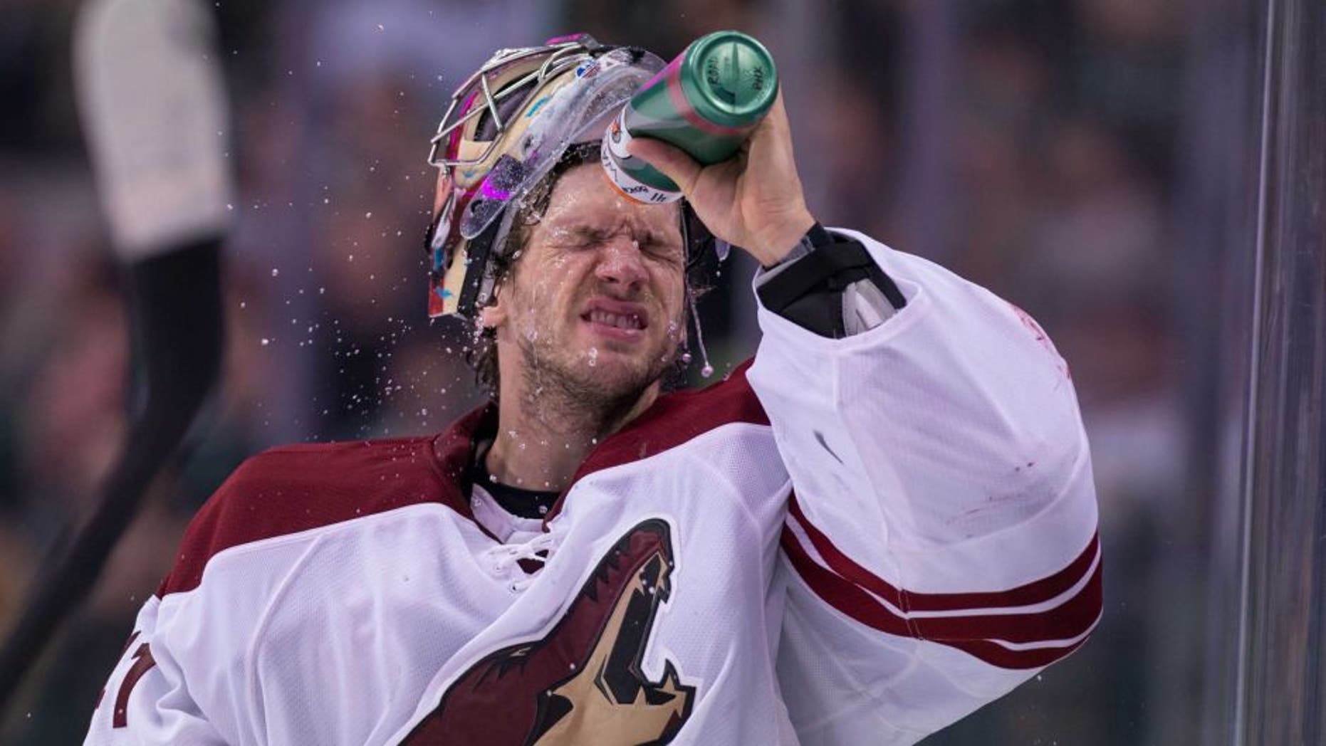 Feb 8, 2014; Dallas, TX, USA; Phoenix Coyotes goalie Mike Smith (41) waits for play to resume against the Dallas Stars during the third period at the American Airlines Center. The Stars defeated the Coyotes 2-1. Mandatory Credit: Jerome Miron-USA TODAY Sports