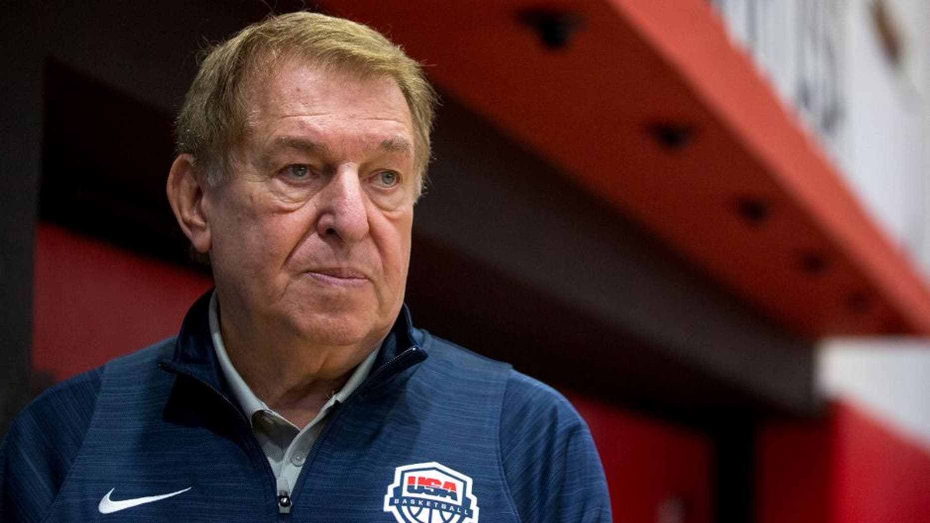 USA men's Olympic basketball managing director Jerry Colangelo watches practice at the Flamengo Club in Rio de Janeiro on Thursday, Aug. 11, 2016.
