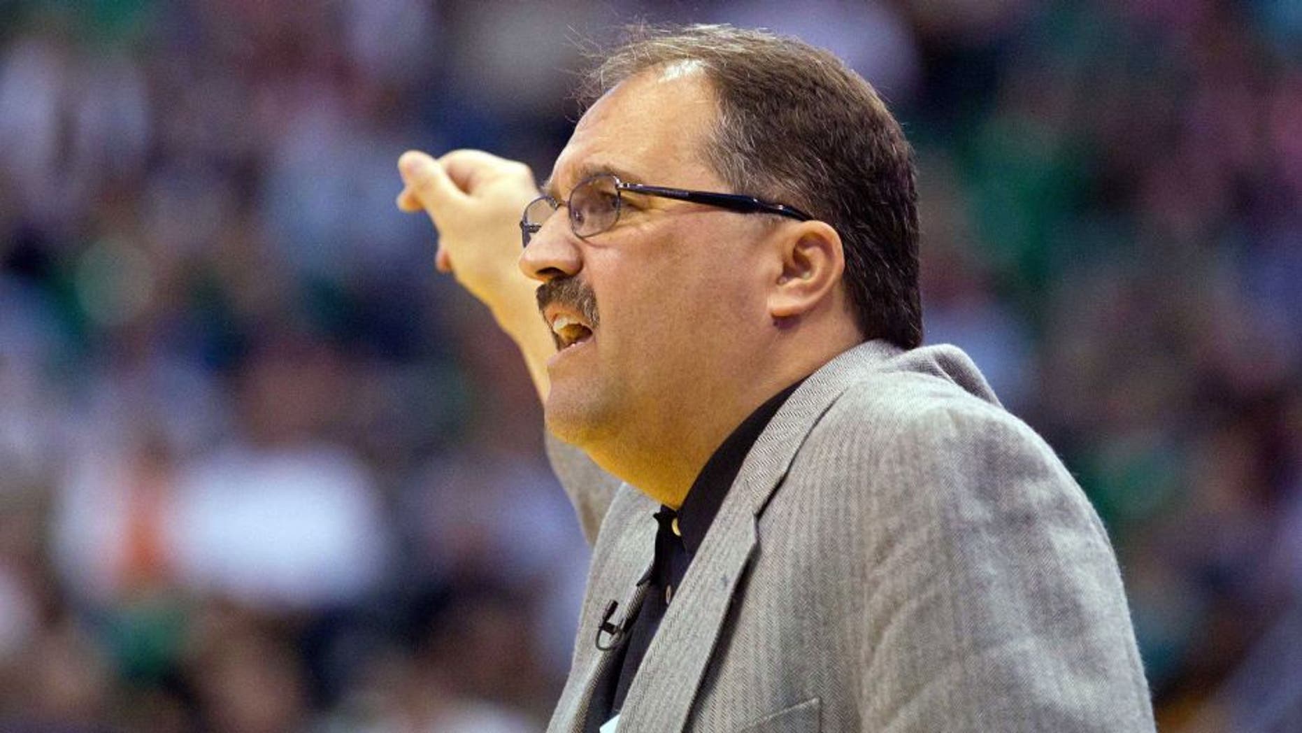 April 21, 2012; Salt Lake City, UT, USA; Orlando Magic head coach Stan Van Gundy during the first quarter against the Utah Jazz at Energy Solutions Arena. Mandatory Credit: Russ Isabella-USA TODAY Sports